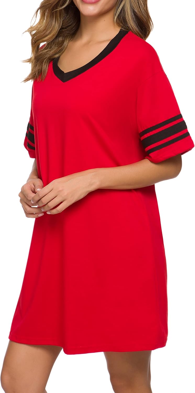 Women's Nightgown Short Sleeve Sleep Shirt V Neck Nightshirts Cotton Loose Comfy Pajamas Dress Casual Sleepwear - Image 3
