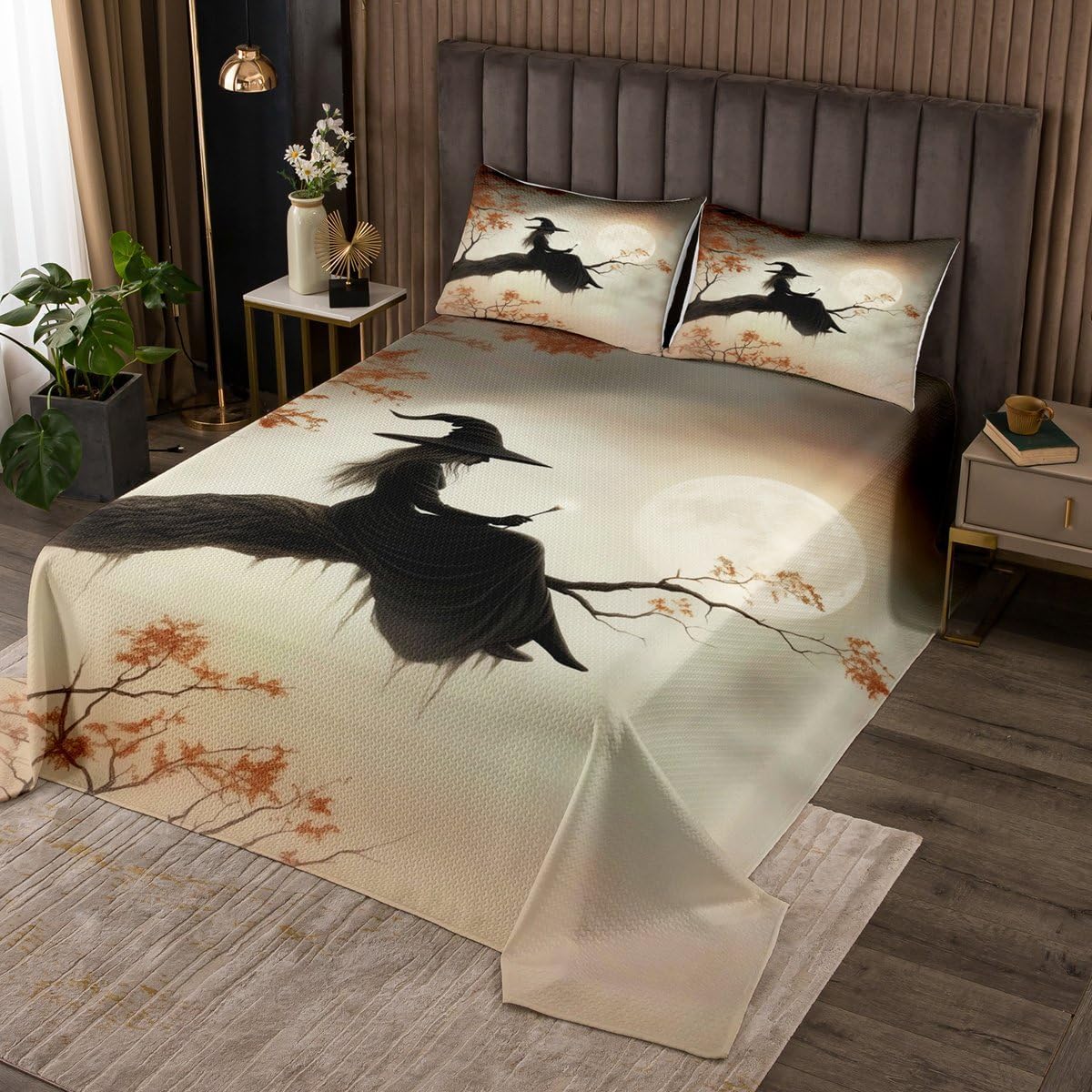Erosebridal Witchy Halloween Quilt Set Queen Halloween Gothic Decorations Coverlet Set,Magical Witch Bedspreads Dark Moon Bedding Sets Bedroom Decor