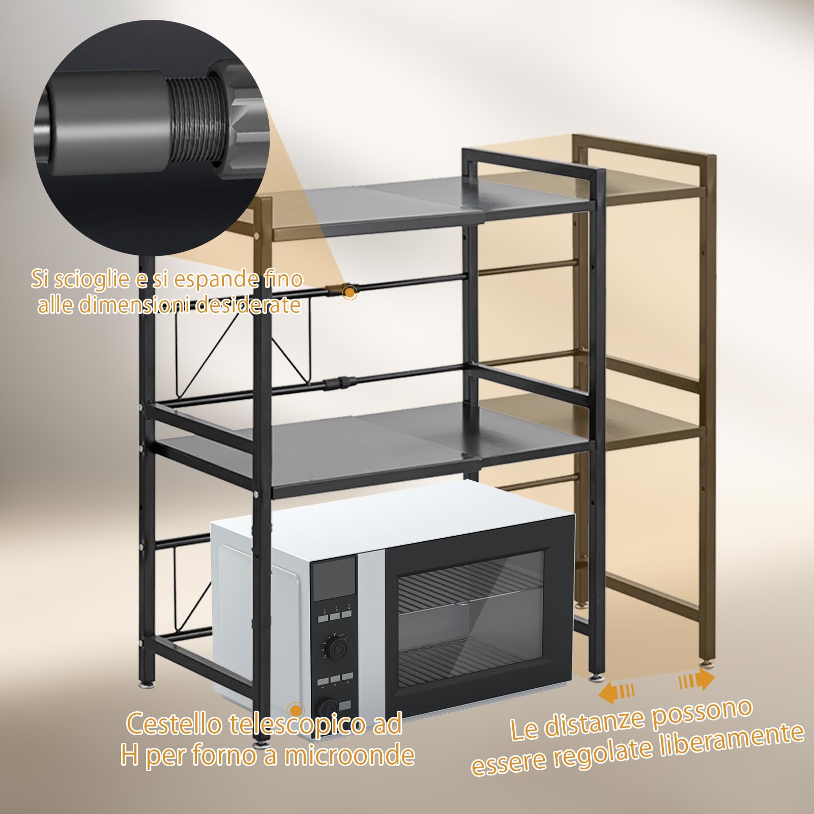Scaffale per microonde a 2 strati, per tostapane, per cucina, larghezza telescopica 40-63 cm (ottimale entro 60 cm) con gancio mobile, portata 75 kg (nero)