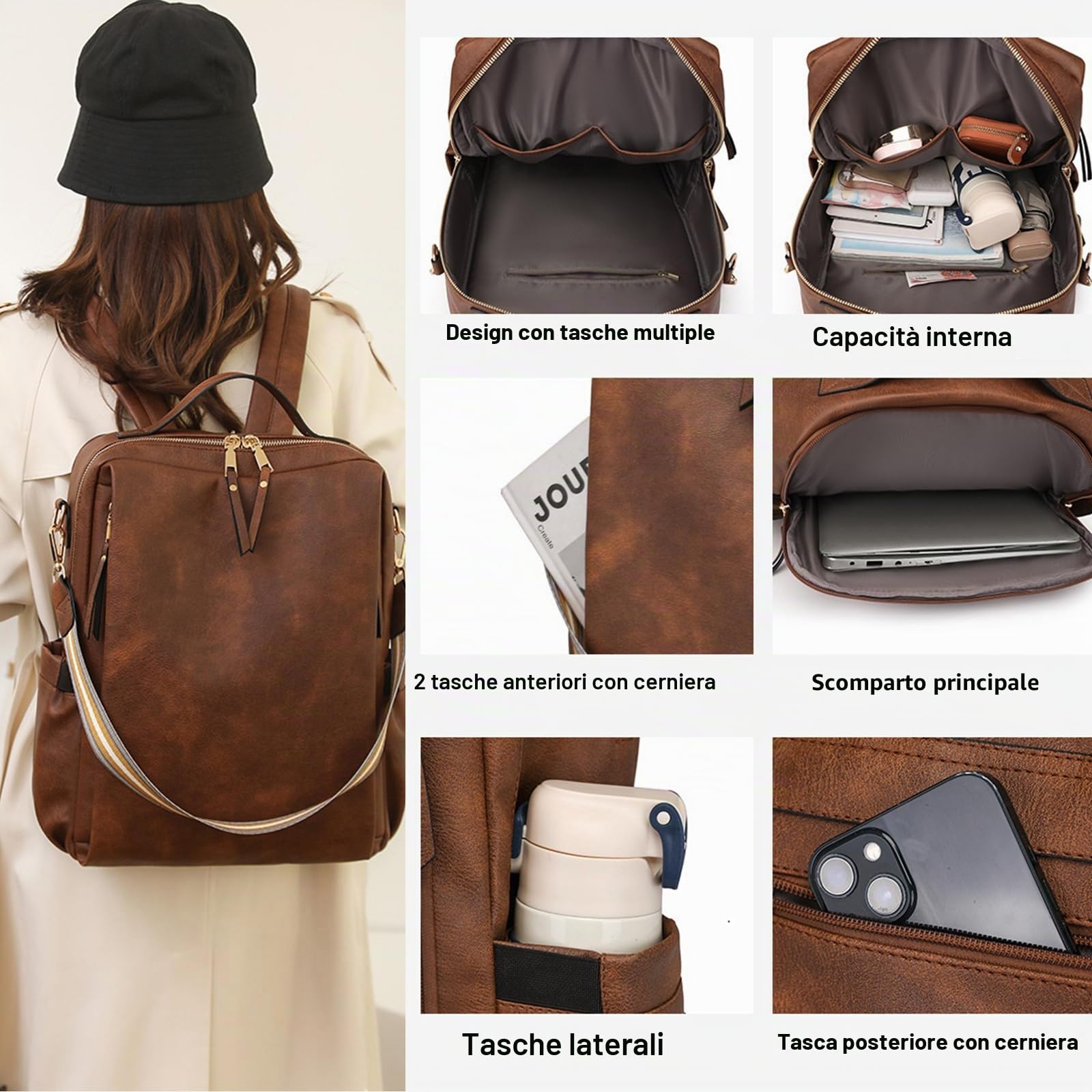 Zaino Porta Computer Donna in Pelle, Zaino in Pelle Donna per PC, Numerose Tasche e Scomparto Separato per Laptop, Ideale per Lavoro e Viaggio