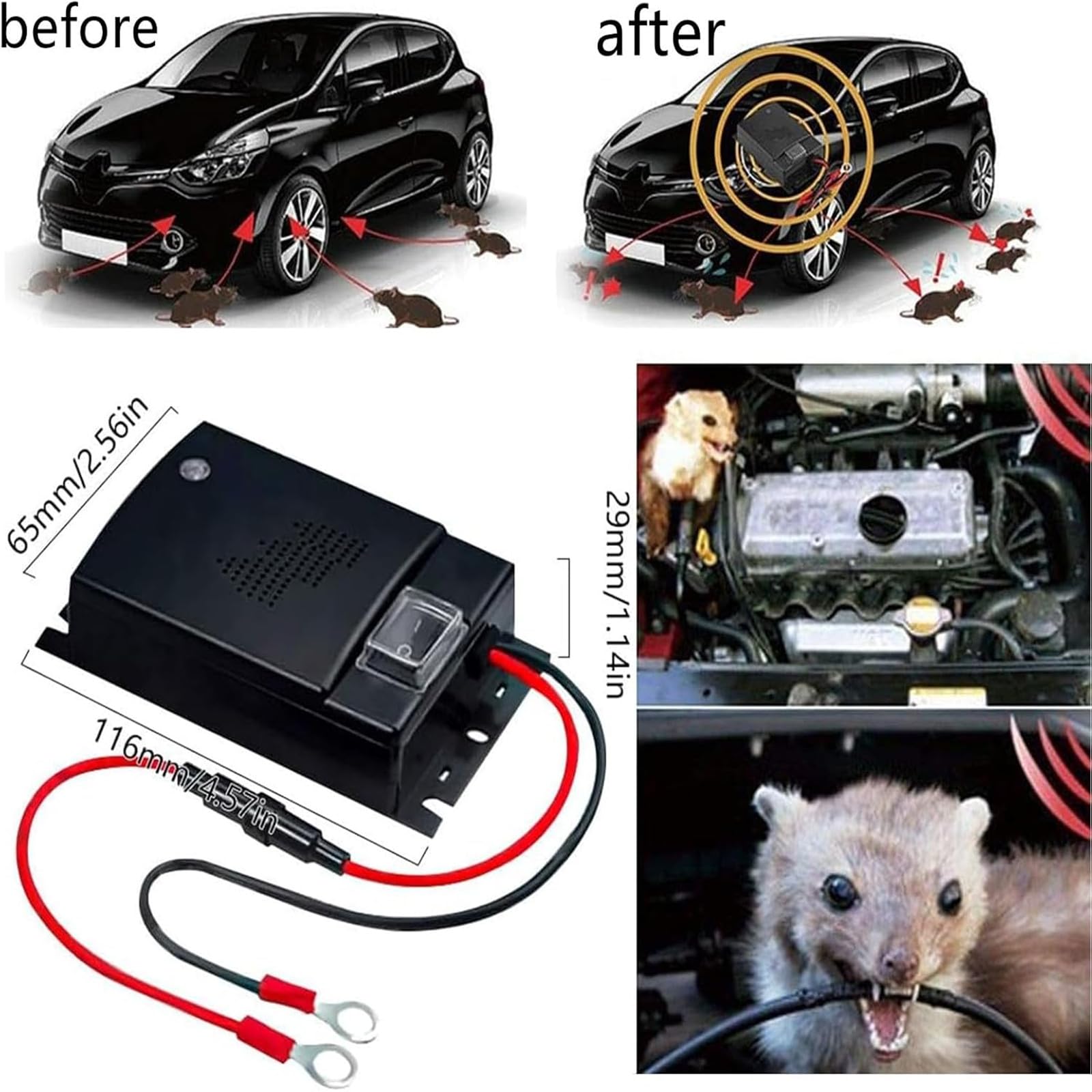 Repeller Anti-Martres,Anti Martre Voiture,Ultrason Défense Contre Les fouines pour Voiture,Repulsif Fouine pour Voiture,Repulsif Ultrason Anti Rongeur pour Voiture Haute fréquence,Alimentation 12V
