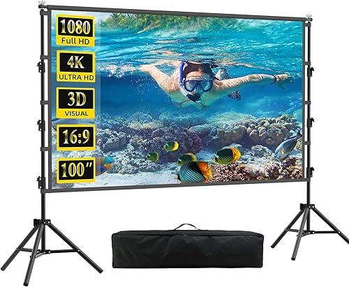 Pantalla de proyector de 100 pulgadas con soporte, pantalla de proyección para interiores, pantalla de cine frontal trasera portátil 169 4K HD con