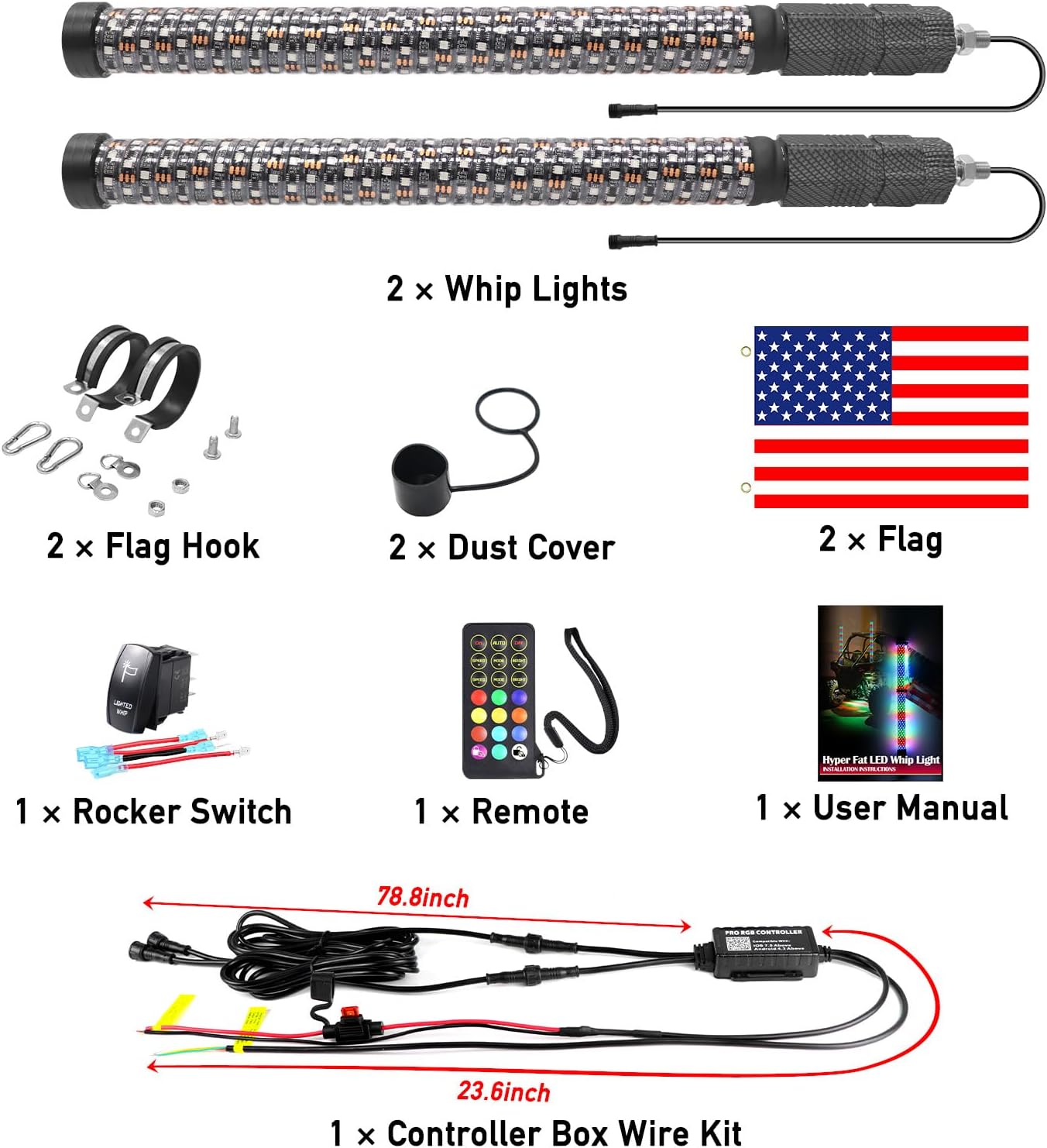 2PCS 3FT Fat Whip Lights UTV Whip Lights with Rocker Switch,High Brightness Antenna Whips Side by Side with Steering/Brake and Reverse Fit for Offroad ATV RZR Truck