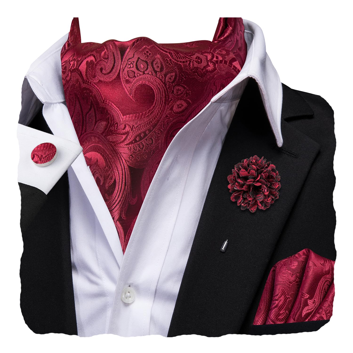 Hi-Tie Silk Ascot for Men Self Tie Men's Cravat and Flower Lapel Pin Handkerchief Cufflinks Set for Wedding Party