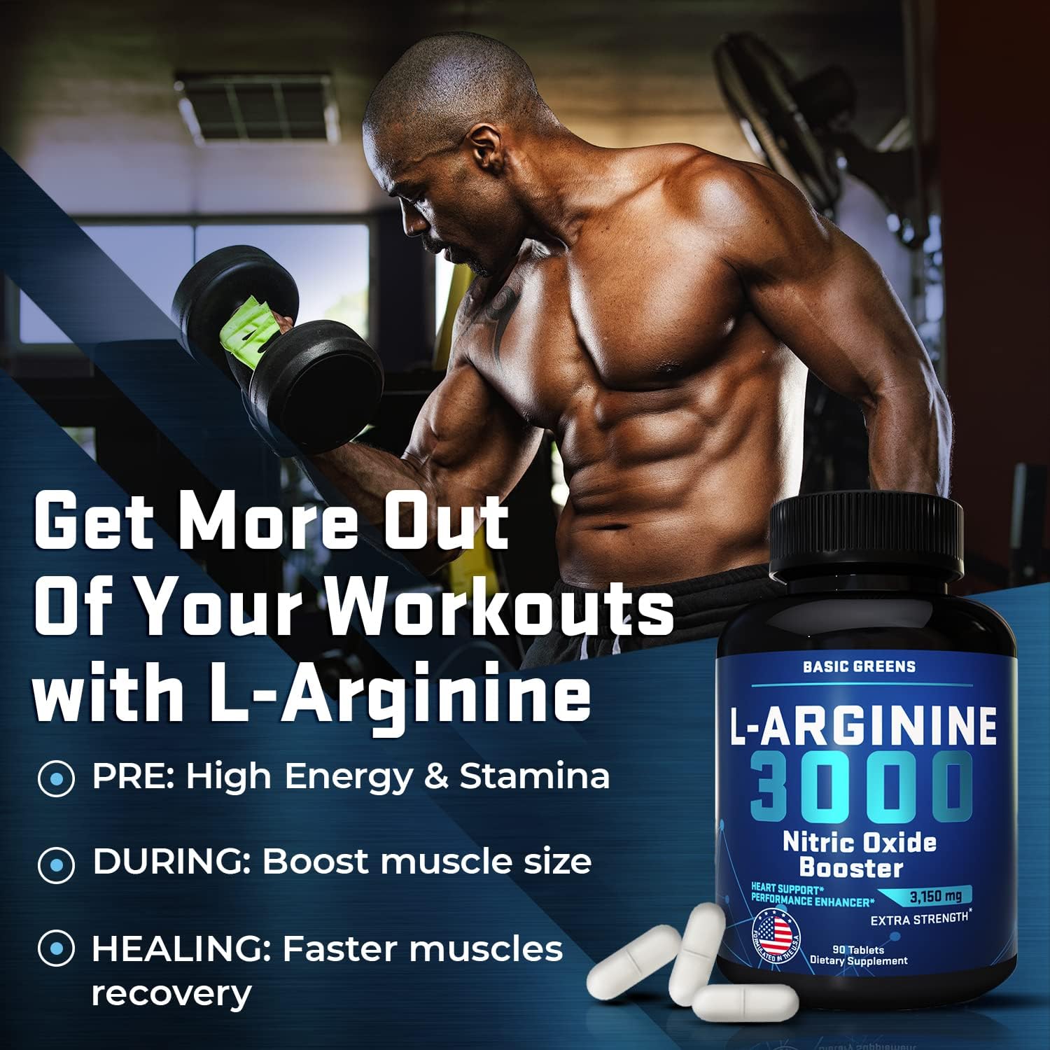 BASIC GREENS L Arginine | Premium L-Arginine Supplement for Men and Women with Nitric Oxide Booster, L-Arginine Workout - High Energy & Stamina, Boost Muscle Size, Faster Muscle Recovery : Health & Household