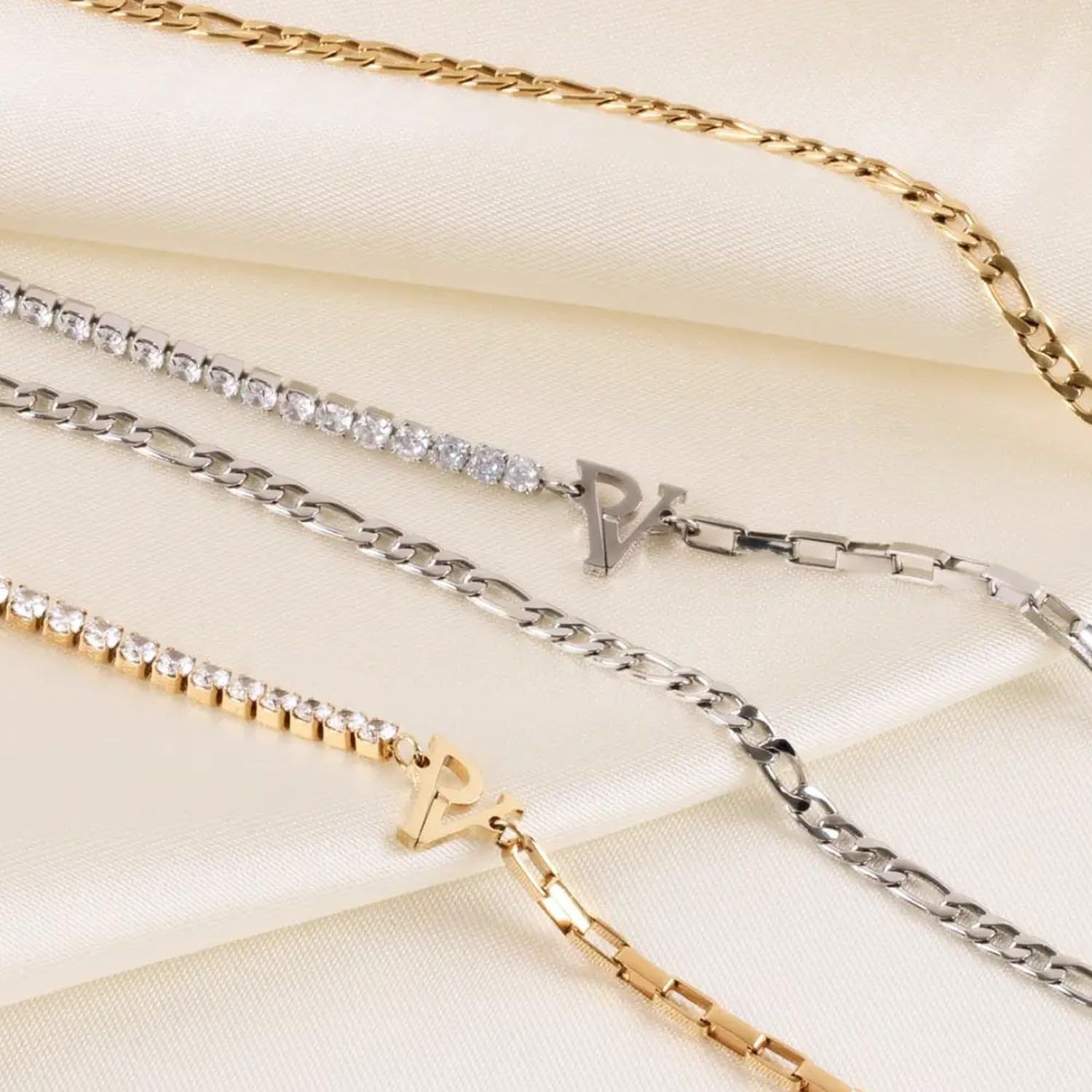PAUL VALENTINE - Damen Fußkette Edelstahl - mit Zirkonia Stein - PV Logo Anhänger