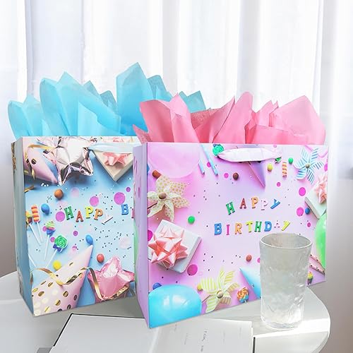 Miniatura 6 de Juego de 2 bolsas grandes de regalo de cumpleaños de 13 pulgadas con papel de seda y tarjeta, perfectas para bolsas de regalo para bebés, niños,