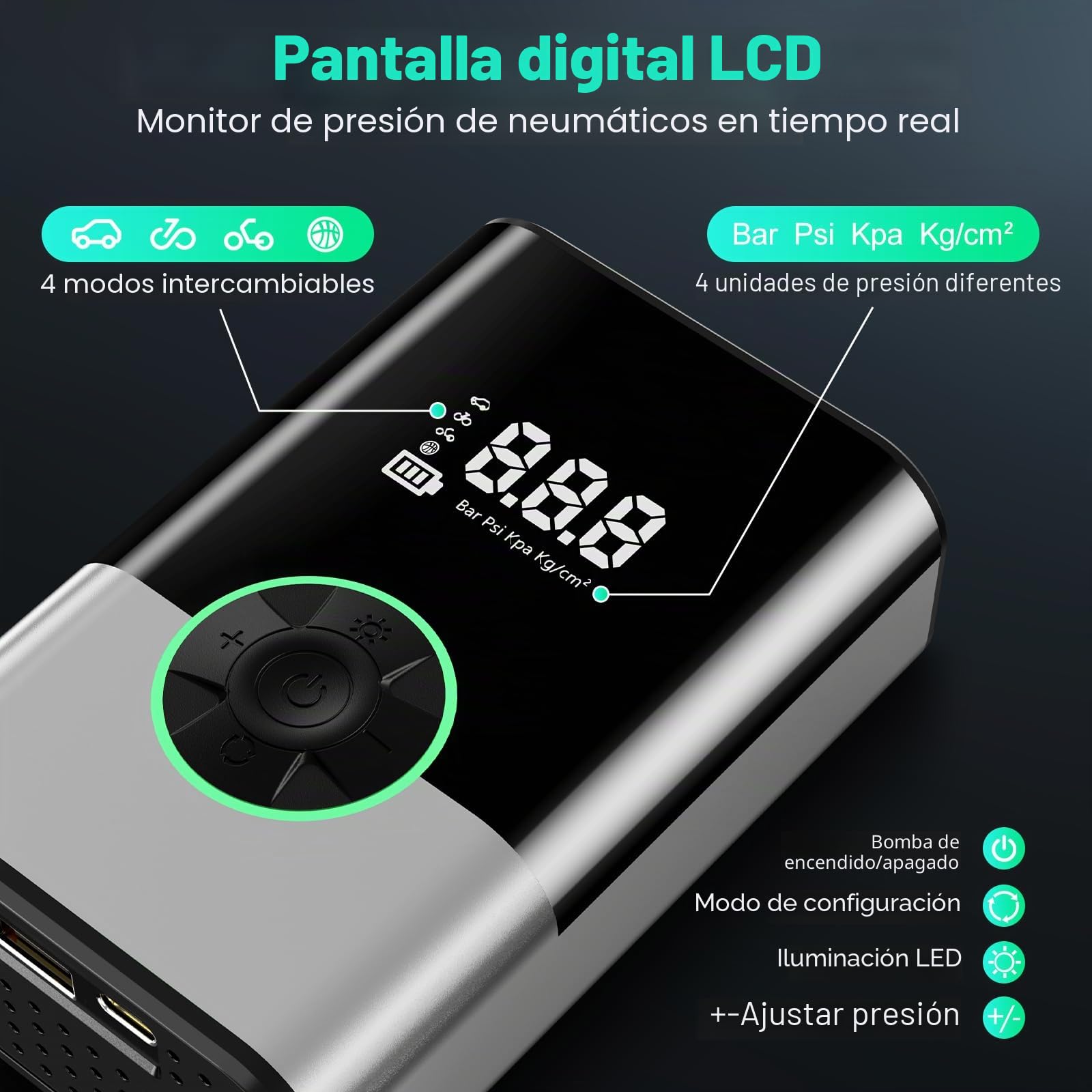 6000Mah Compresor Aire Portatil, 150PSI Inflador Ruedas Coche Mini Bomba de Aire Bicicleta Electrica con Pantalla LCD Digital y Linterna LED，con 4 Boquillas para Coches, Motos