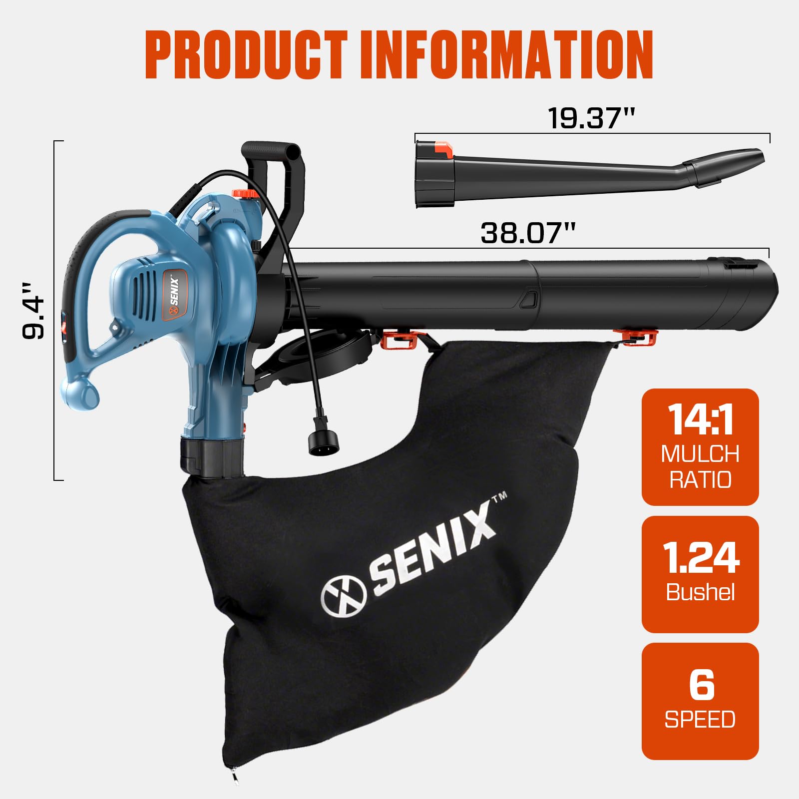 SENIX 12 AMP Leaf Blower, 3-in-1 Handheld Electric Leaf Blower, Vacuum, and Mulcher, 420 CFM, 179 MPH Airflow,Corded Blowers with Reusable Collection Bag (BLVE12-M) - Additional View