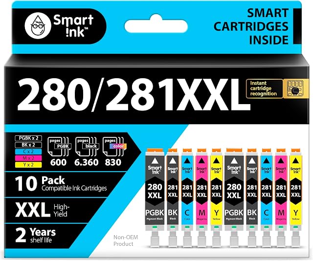 Smart Ink Compatible Ink Cartridge Replacement for Canon 280 281 PGI-280XXL CLI-281XXL (10 Combo Pack) to use with Pixma TR8520 TS9120 TS6120 TR8620 TR8620a TS6320 TR7520 TS6220 (PGBK & BK/C/M/Y)