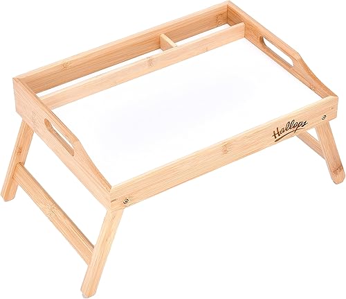 Hallops Bandeja de bambú para cama, mesa plegable de madera blanca con soporte para medios, servir comidas o desayunar en la cama, ideal para