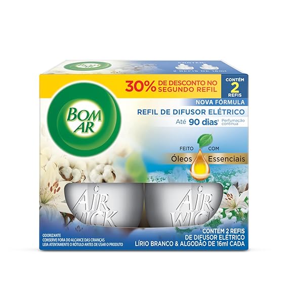 Bom Ar Difusor Elétrico Lírio Branco e Algodão Refil 2 unidades 16ml
