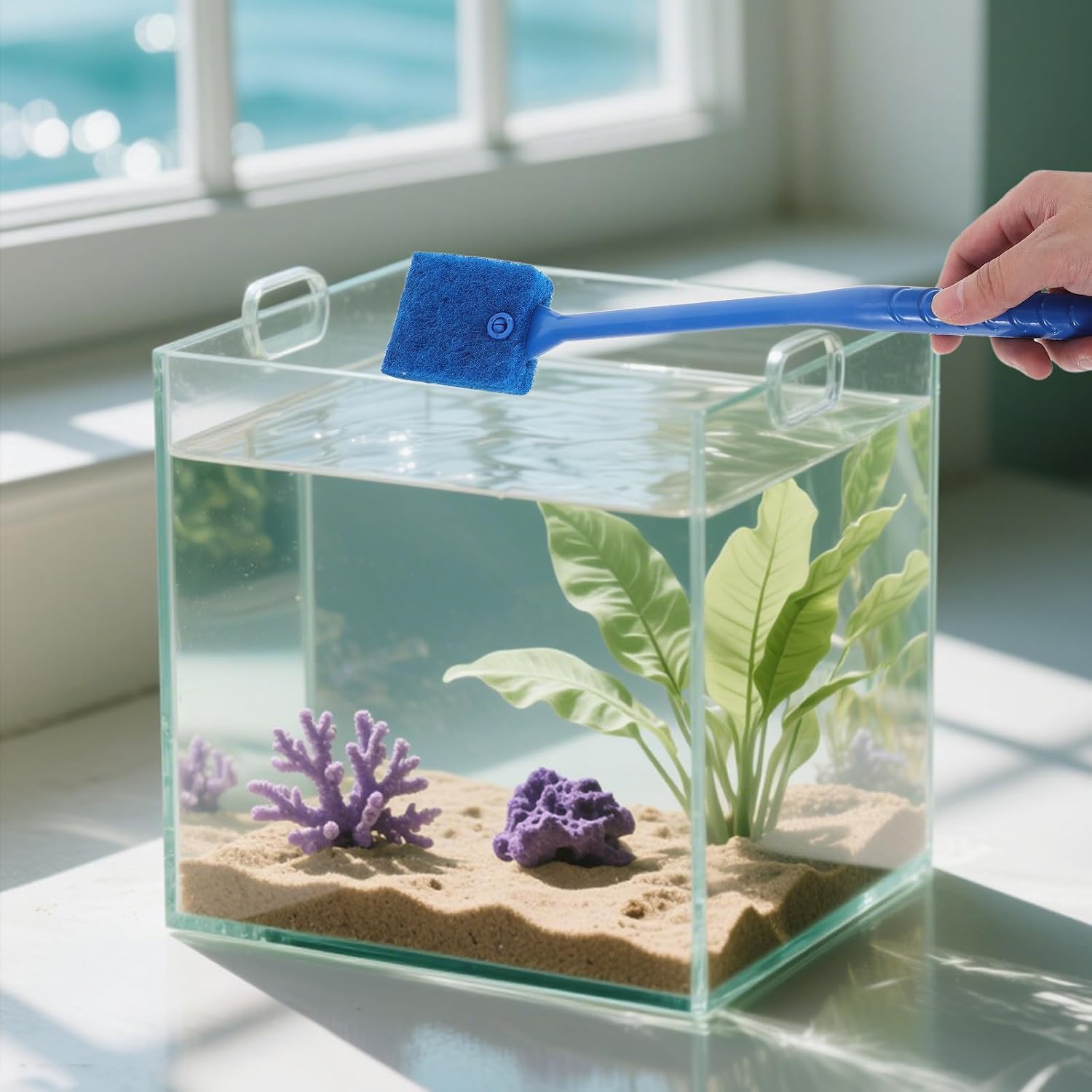 MERRYHAPY Aquarium Scrubber Brush Blue Abs with Double-Sided Sponge and Ergonomic Anti-Slip Handle Fish Tank Glass Brush Cleaner Tackles Hard-to-Remove Stains for Small Fish Bowls