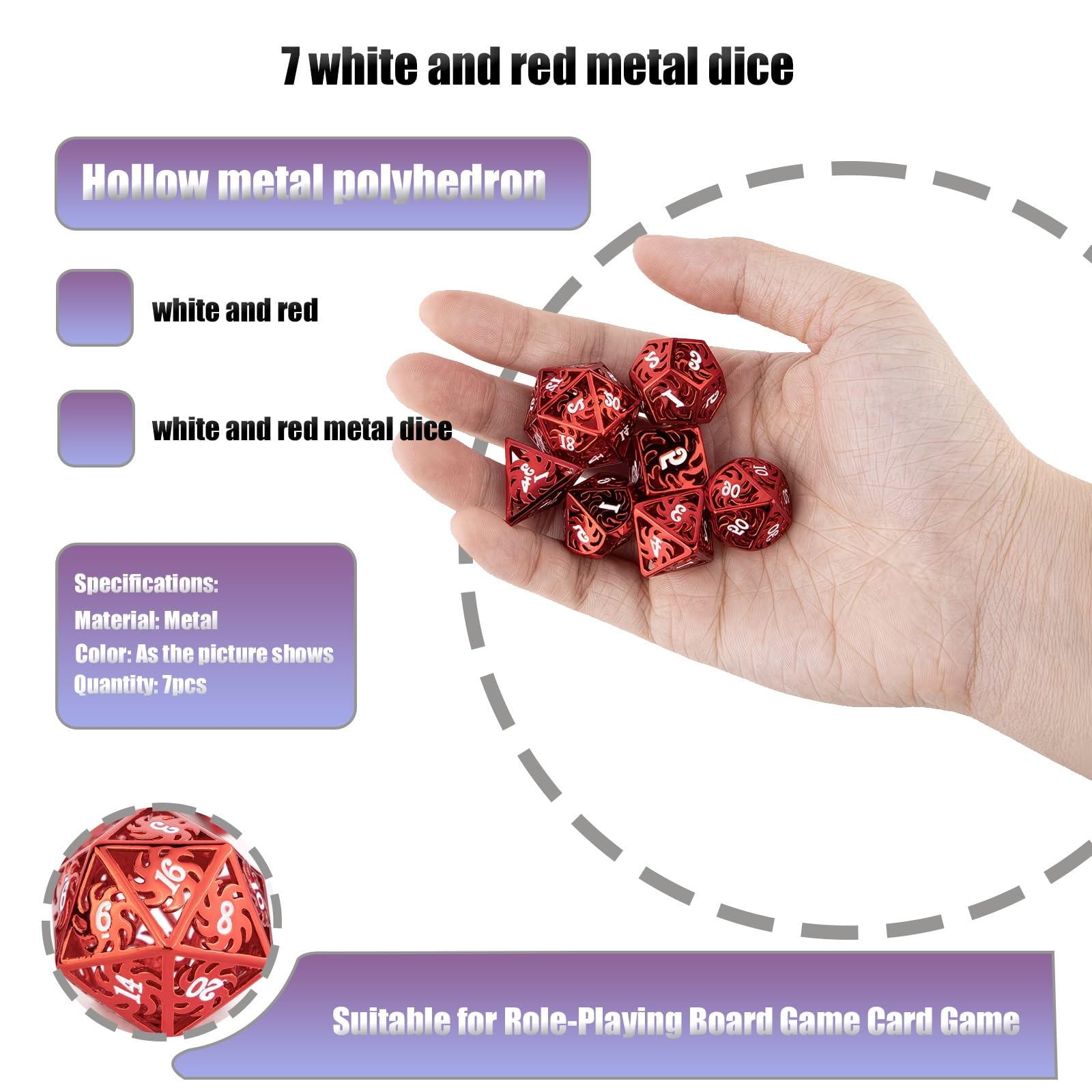 7 Dés en Métal Blanc et Rouge, Polyèdres Creux, Compatibles avec Les Jeux de Rôle, de Plateau et de Cartes