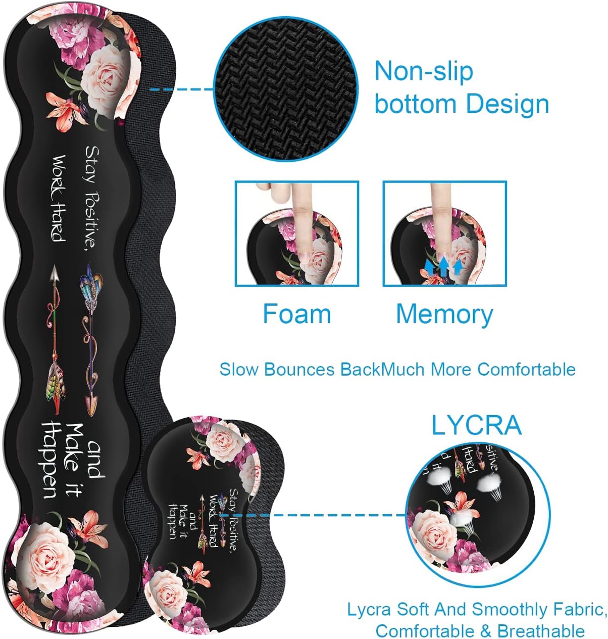 Large Mouse Pad with Wrist Support Set,Memory Foam Keyboard Wrist Rest +XXL Extended Gaming Mouse Pad + Ergonomic Mouse Wrist Pad,Peony Flower Inspirational Quotes Office Black Desk Pad for Women Men