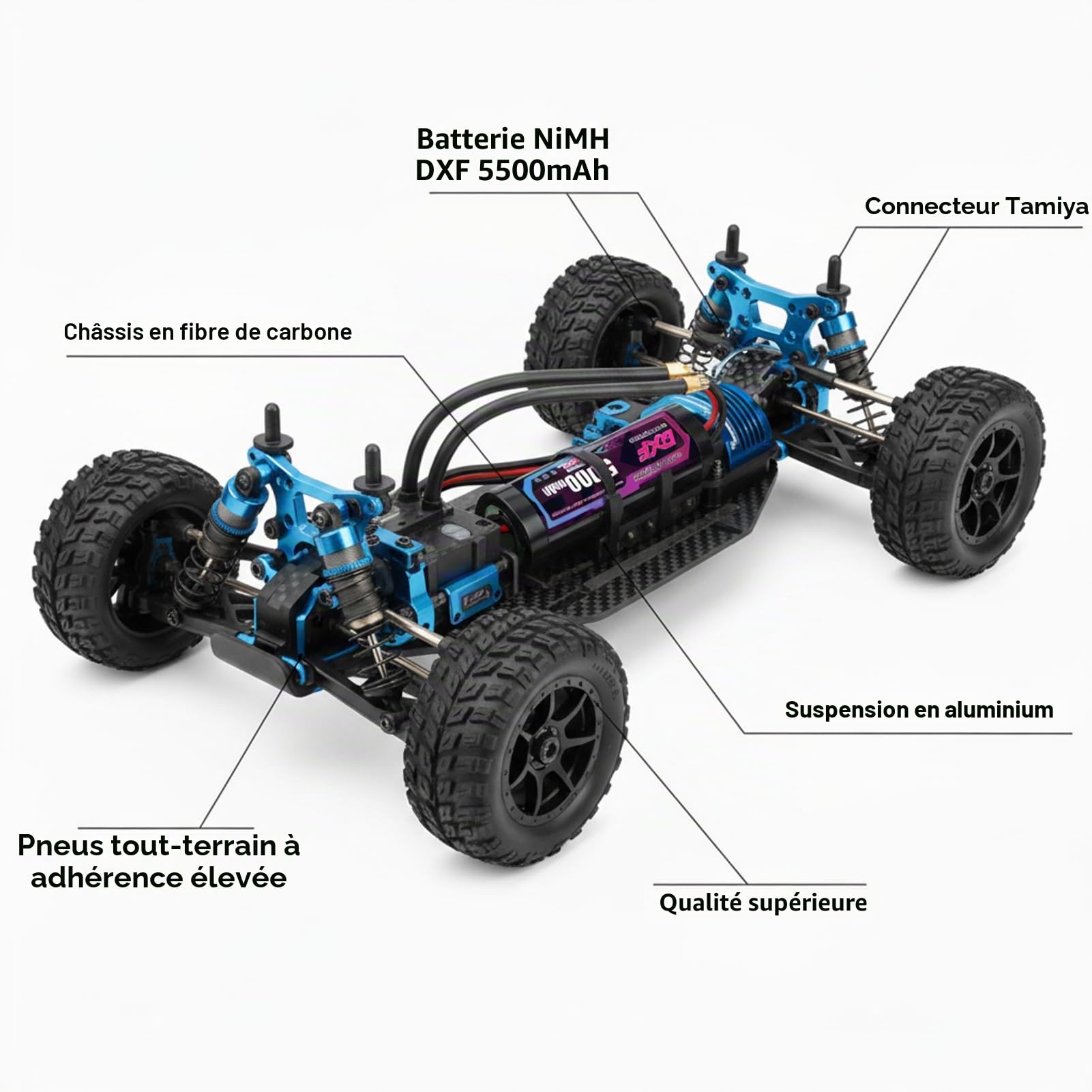 DXF Batterie RC 7,2V 5000mAh NiMH Pack de 2, Accu Rechargeable Connecteur Tamiya pour Voiture Télécommandée 1/10 Buggy Monster Truck, Compatible Bateau Avion Hélicoptère RC, sans Effet Mémoire