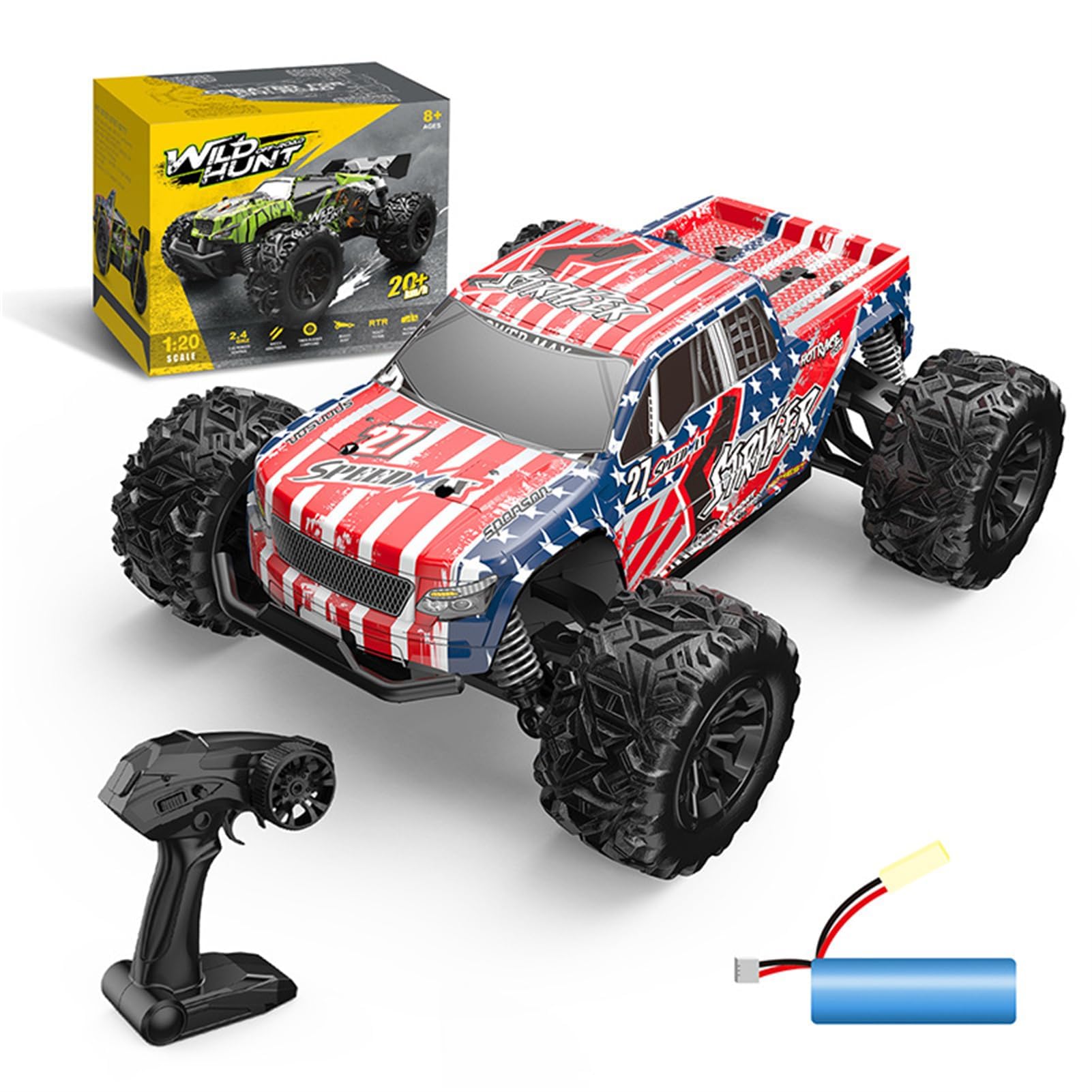 1/20 All Terrain RC Car, 20+KMH Monster Truck, 2.4Ghz Off-Road RC Vehicle with 1 Batteries, Suitable for Adults and Beginners, for Boys and Girls (Red)
