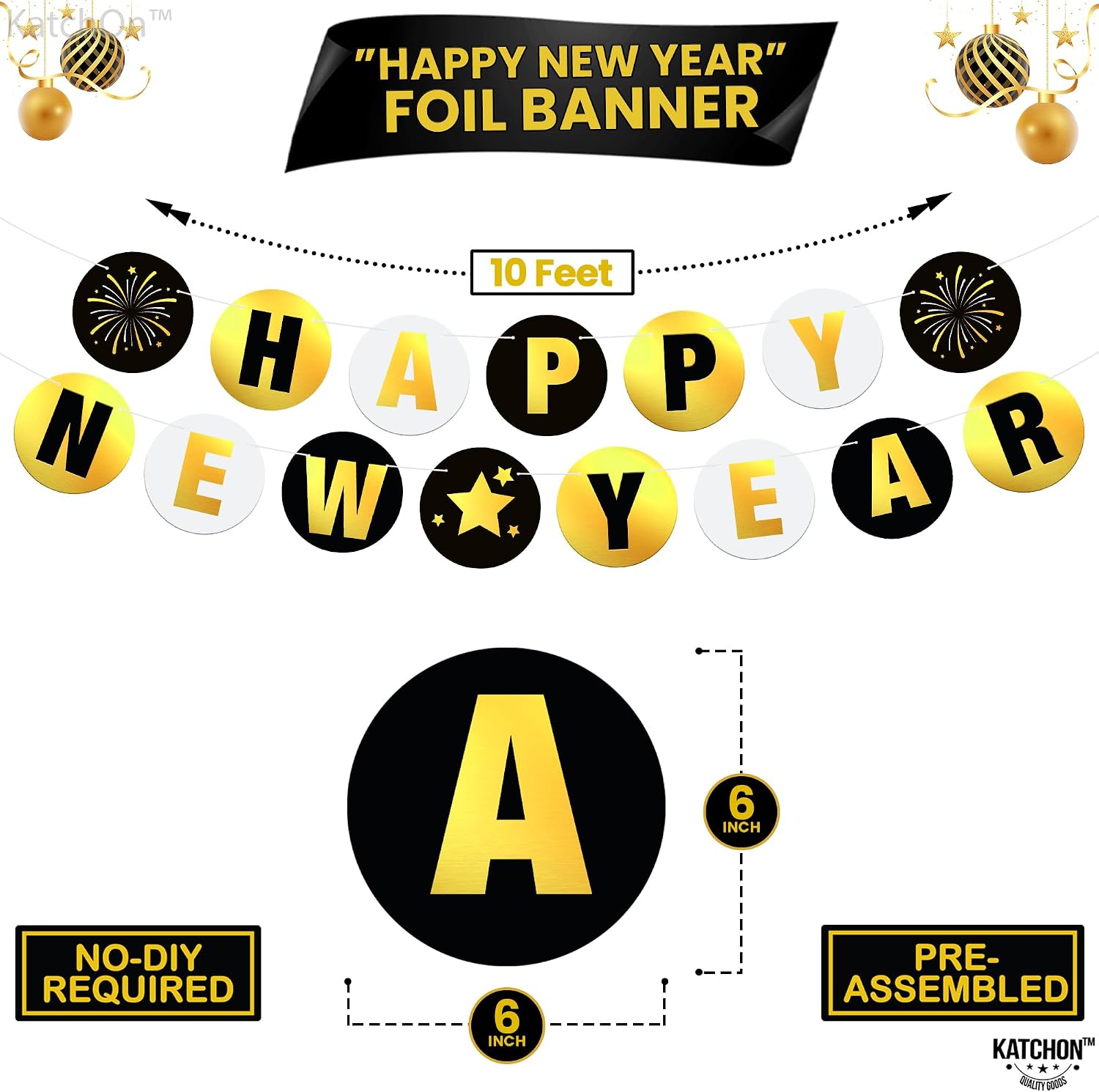 KatchOn, Shiny Happy New Year Banner 2026 - 10 Feet, Pre - Strung | Happy New Year Backdrop, Happy New Years Decorations 2026 | New Years Eve Banner, New Years Eve Party Supplies 2026 | NYE Decorations 2026