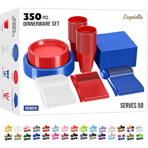 4th Of July Plates And Napkins Sets 350 Pcs Red White & Blue Plates And Napkins 4th Of July Decorations, 50 Of Each 9" Dinner Plate Set, 7" Plate, Cups, Napkins, Cutlery Dinnerware Party Solids