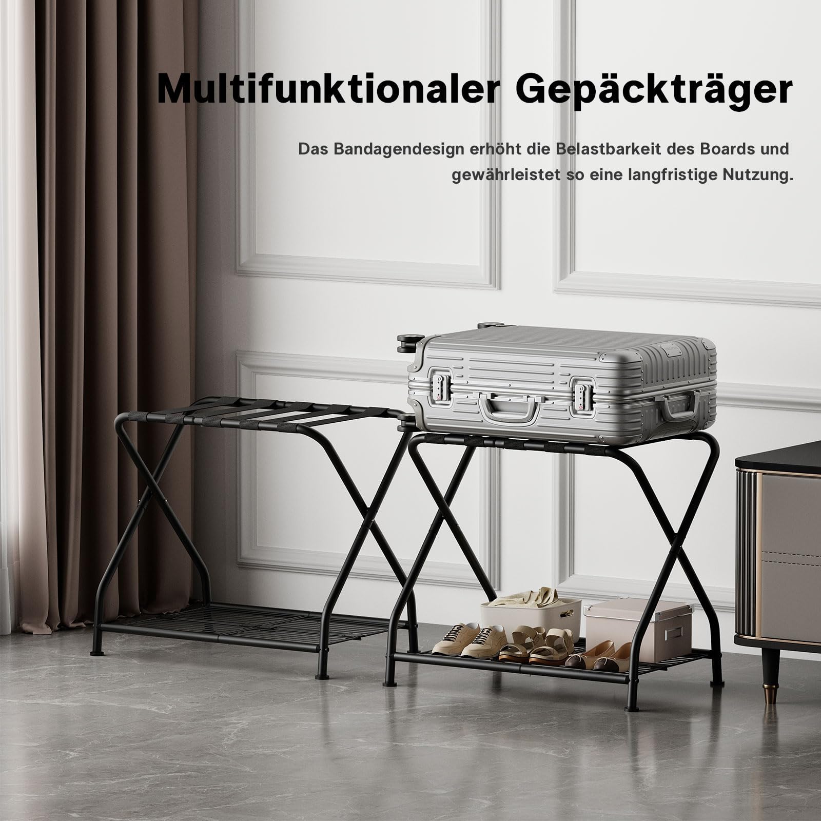 Lot de 2 porte-bagages pliables avec étagère - En métal - 64 x 44 x 55 cm - Peu encombrant - Pour chambre à coucher, chambre d'amis, hôtel - Noir