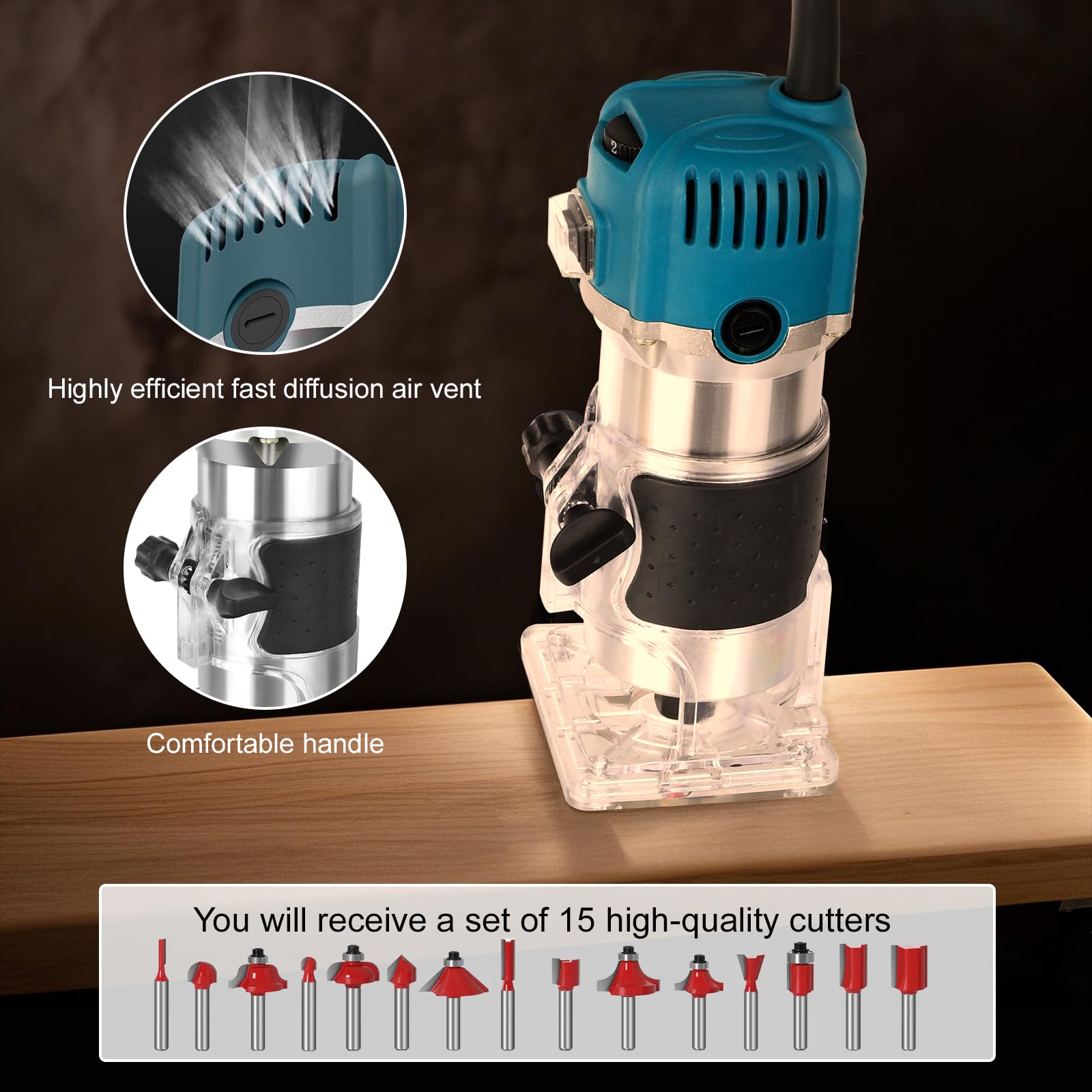 Holzfräse Oberfräse Electric - Fräsmaschine Hand Holz mit Koffer - 12 Set Zubehör 800 W 330000 R/min 6,35 mm - Wood Router Kantenfräse Handpalmenfräser für die Holzbearbeitung
