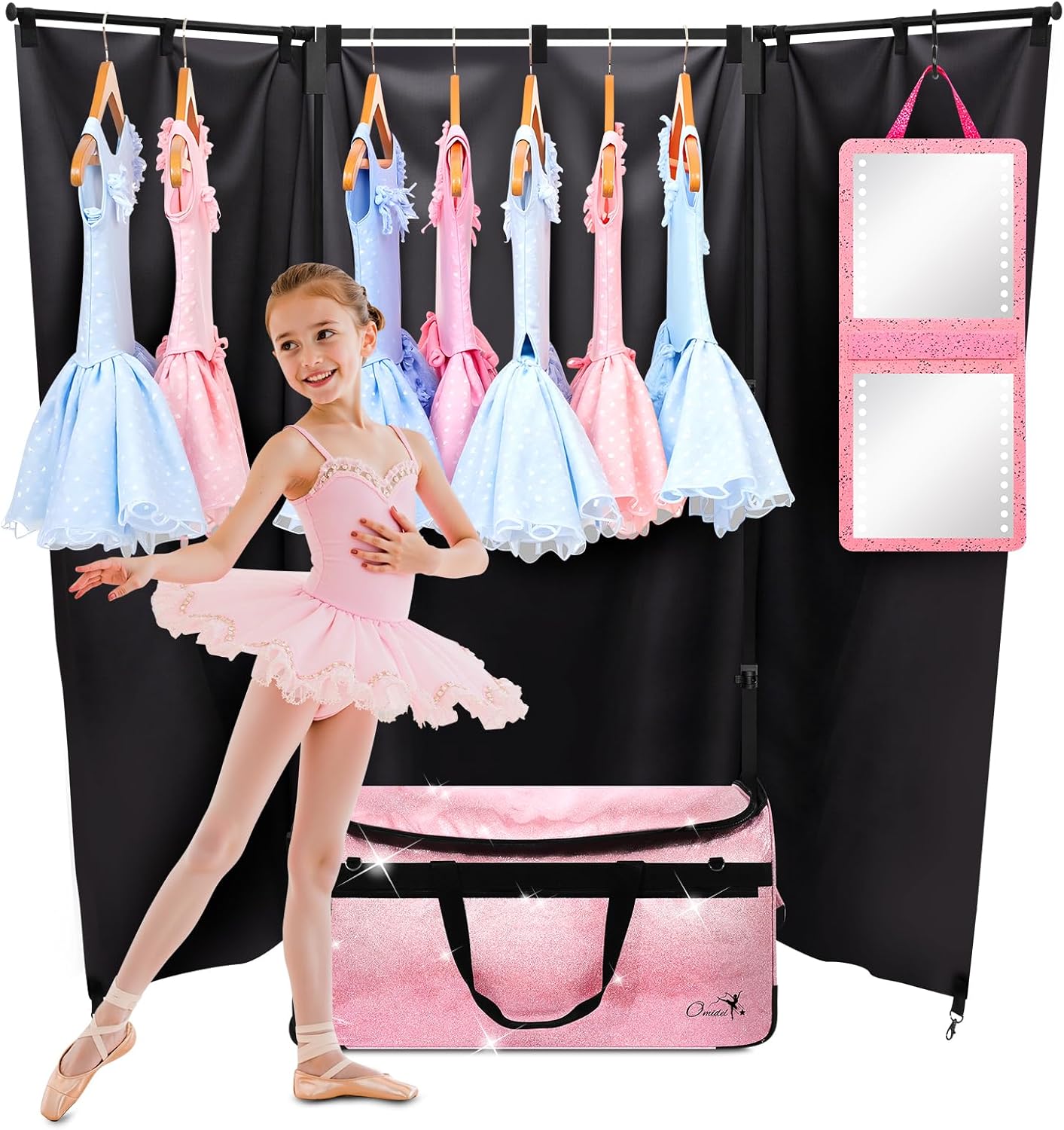 Dance Bag with Garment Rack and Curtain, 23" Rolling Dance Competition Duffle Bag with Garment Rack | Portable Dance Changing Room Suitcase for Dancers Athlete Livestreamer Cheerleaders 23" Glitter Pink