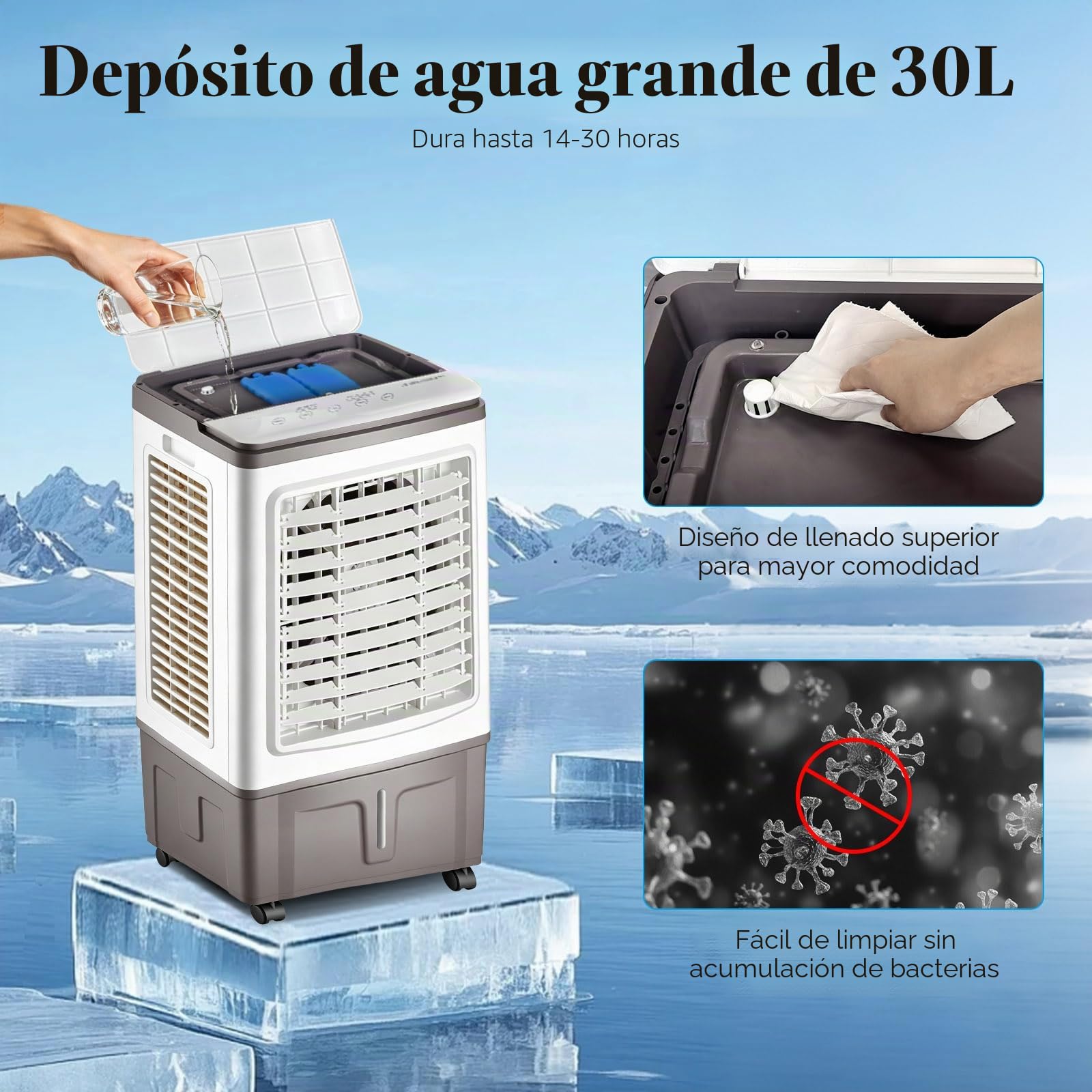 Climatizador Evaporativo 30L, Ventilador de Agua con Mando a Distancia y Acumuladores de Hielo, Potente Flujo de Aire, Enfriador Evaporativo Portátil para Grandes Espacios, Salón y Garaje