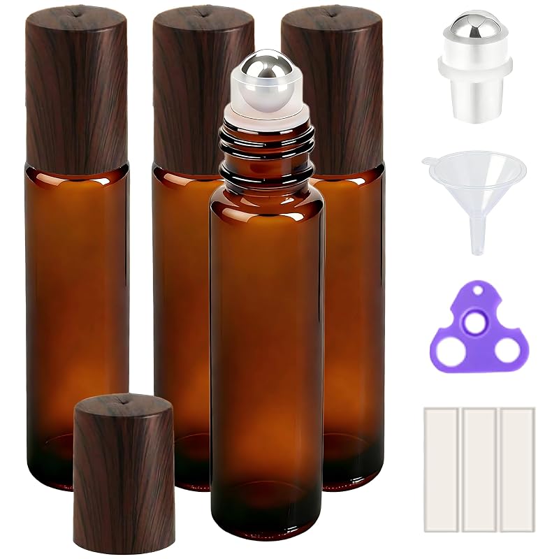 PrettyCare Frascos Roll-on Recarregáveis de Vidro Âmbar com Esfera de Aço Inoxidável e Tampa de Madeira, 10 mL, Pacote com 4