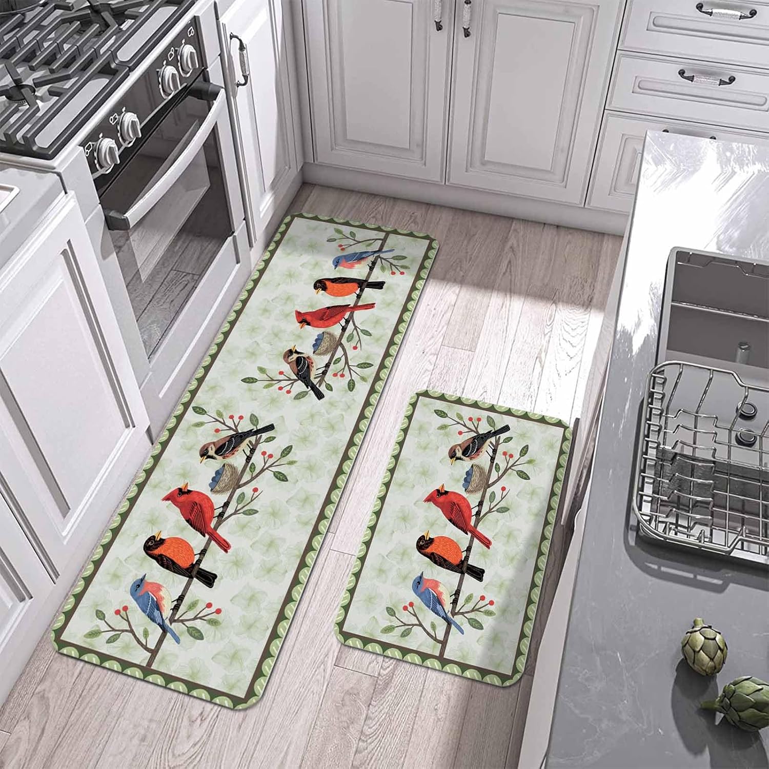 Spring Cardinal Kitchen Mat Set 2 Pieces Birds Light Green Leaf Background Rustic Country Non Slip Kitchen Rugs Washable Runner Rug Mats for Floor Sink Laundry Office 23.6" x 35.4"+23.6" x 70.9"