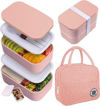 Healfyya Bento Box with Lunch Bag Microwavable All-in-One Meal Prep Compartment Lunch Containers with Utensils Leak Resistant Lunch Box with Sauce Container 60oz Pink