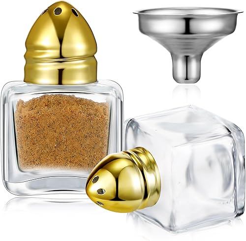Miniatura 12 de Uiifan Juego de 12 piezas 0.5 oz de forma cúbica, pequeños saleros y pimenteros con tapas tonales, frascos de condimentos de vidrio transparente