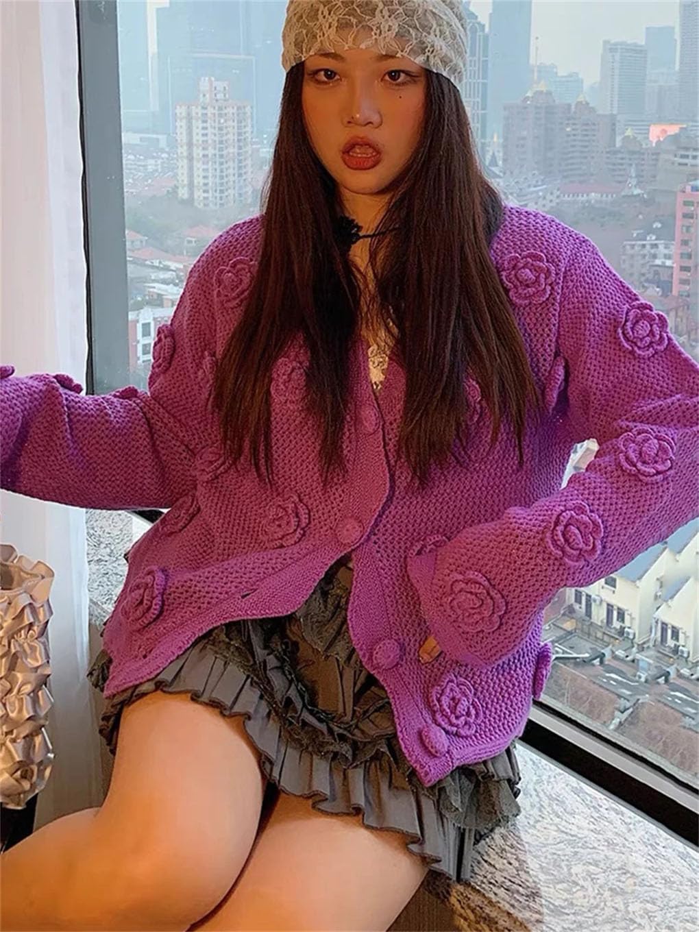 Women White Rose Flowers Hollow Out Cardigan Sweater Retro Embroidery Loose Full Sleeve Sweater Lady Tops