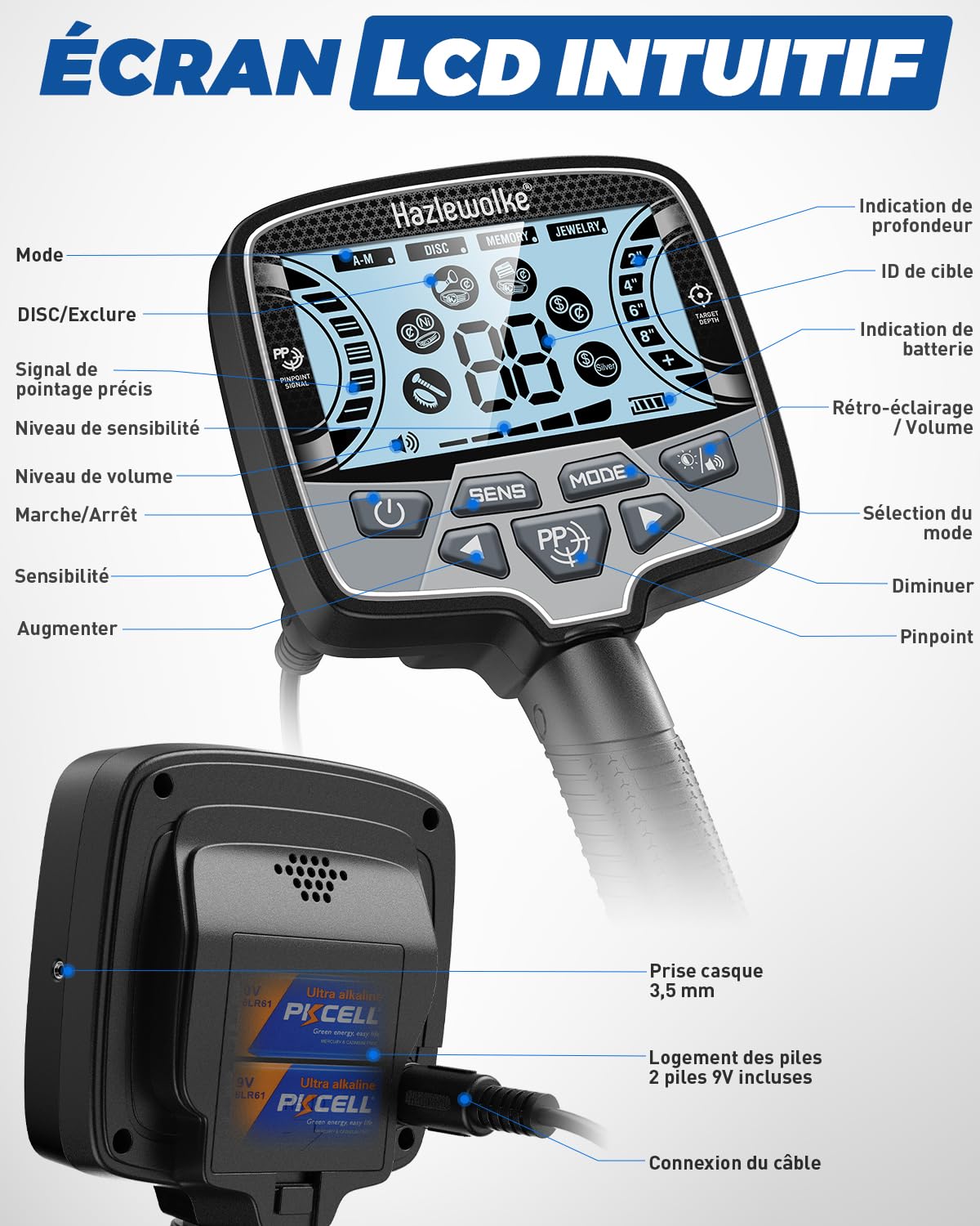 Hazlewolke Detecteur de Metaux pour Adultes Professionnel, 13" Grande Bobine Étanche, 5 Modes avec Pinpoint, Haute Précision & Forte Anti-Interférence, 7 Niveaux de Sensibilité pour la Détection d’Or