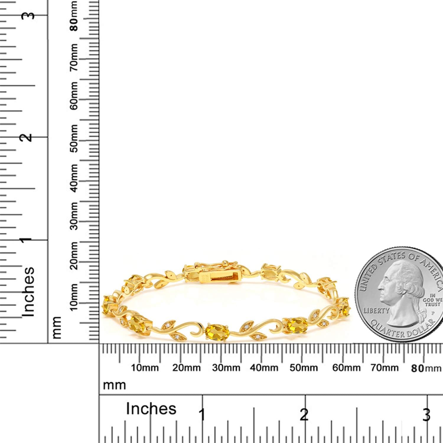 Gem Stone King 18K Yellow Gold Plated Silver Oval Citrine and White Diamond Greek Vine Tennis Bracelet For Women | 3.73 Cttw | Gemstone Birthstone | 7 Inch | Fine Jewelry Gifts for Women Mom Wife Her