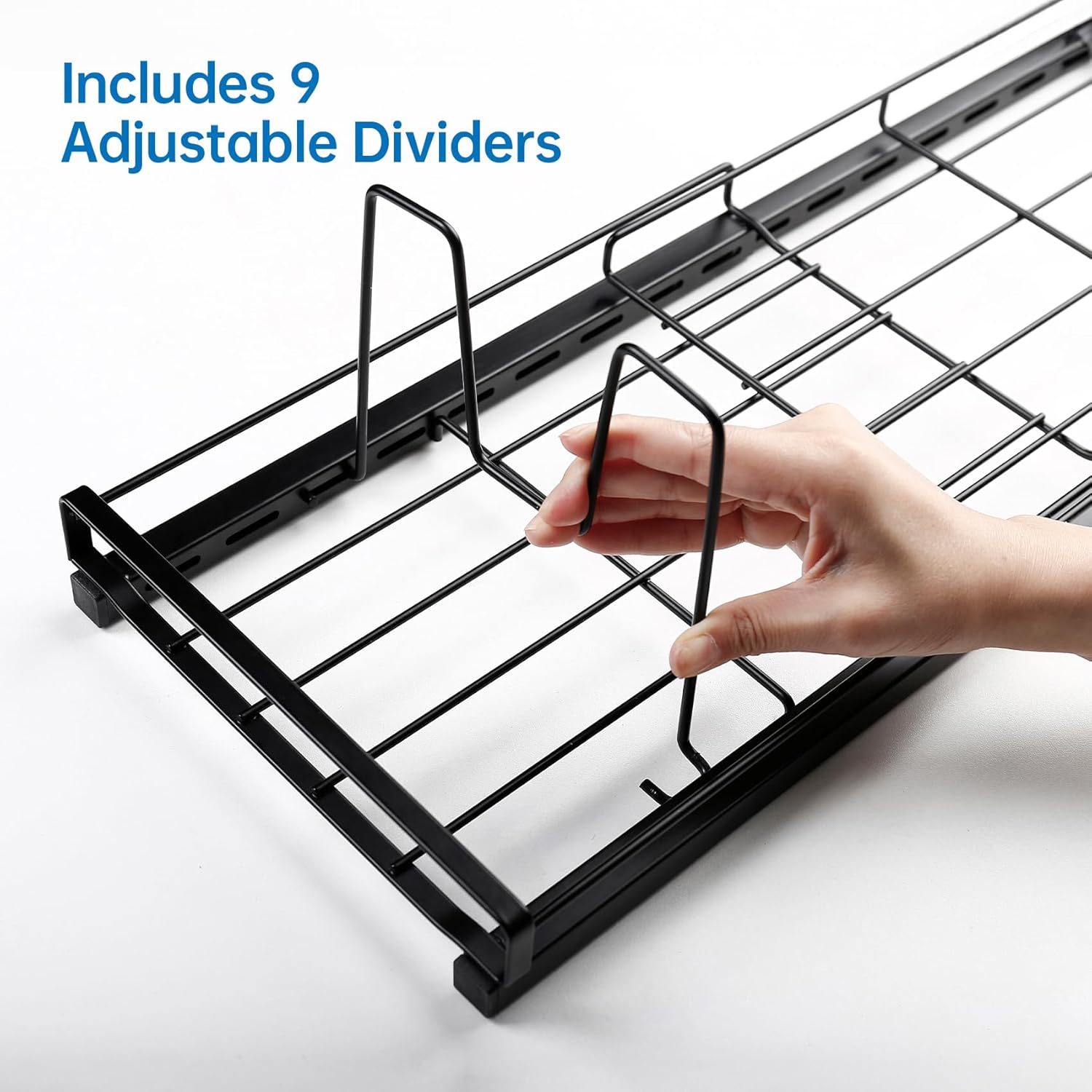 Expandable Food Container Lid Organizer, 9 Adjustable Dividers Sturdy Metal Pot and Pan Organizer Rack for Kitchen Cabinets, Drawers, Pantry Shelves, Countertops, Black, 8.15" Wide