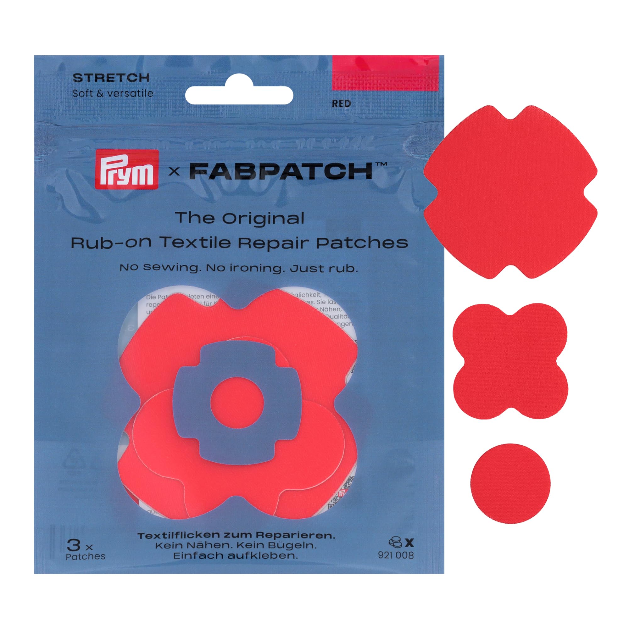 Prym 921008 FabPatch Stretch Rub-on Patch Red (Pack of 3) - Self-Adhesive Bi-Elastic Repair Patches for Sportswear, Leggings, Jackets & Trainers - Textile Repair Without Sewing & Ironing