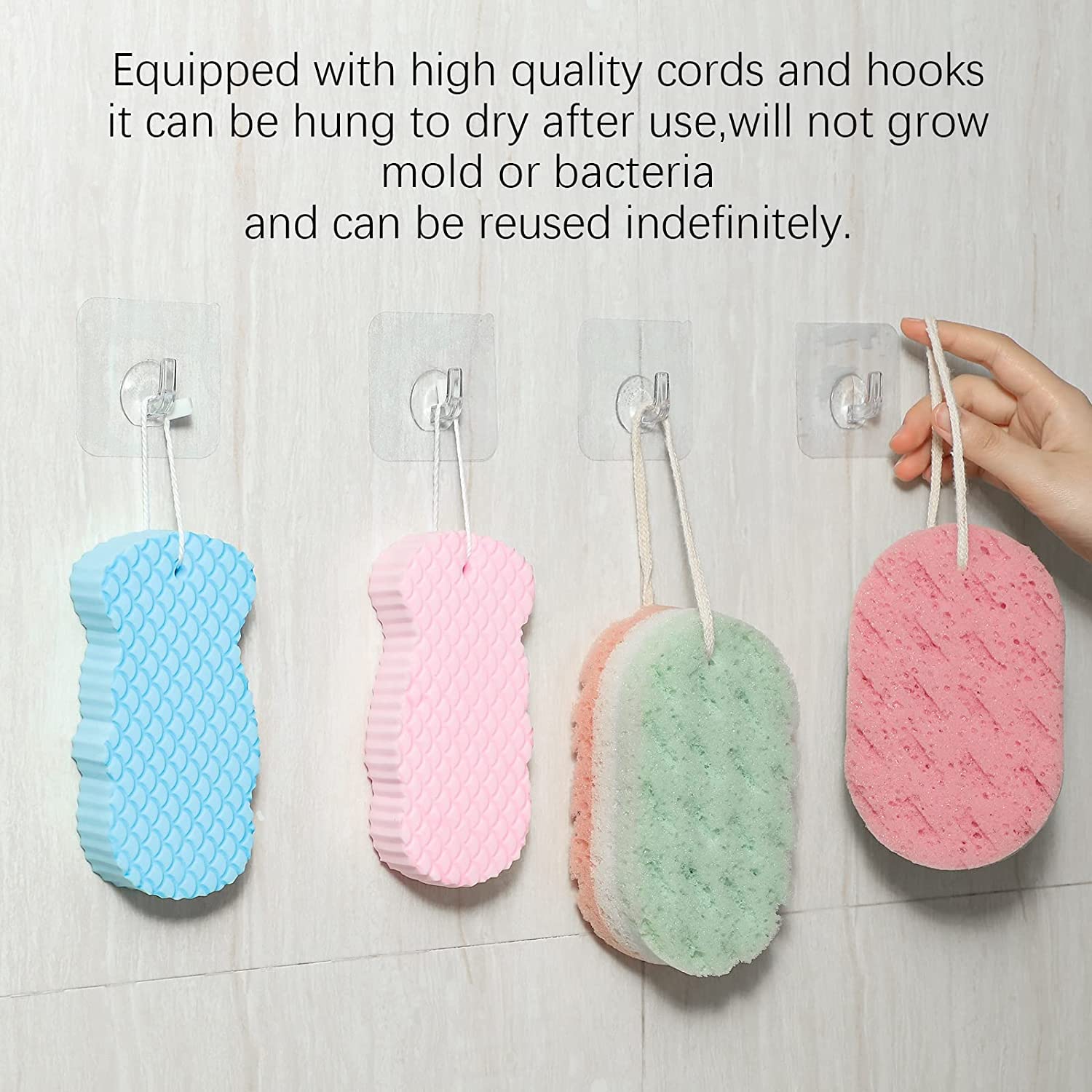RRJ 4 Pcs Exfoliating Bath Sponge, Soft Exfoliating Bath Sponge Shower Brush Dead Skin Remover for Body Shower Sponge for Adults and Kids with 4 Self Adhesive 4