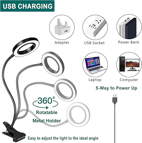 Miniatura 7 de Foneso Lámpara de escritorio con clip con adaptador, lámpara de lectura de 48 LED con puerto de carga USB, 3 modos de color, 10 niveles de brillo,