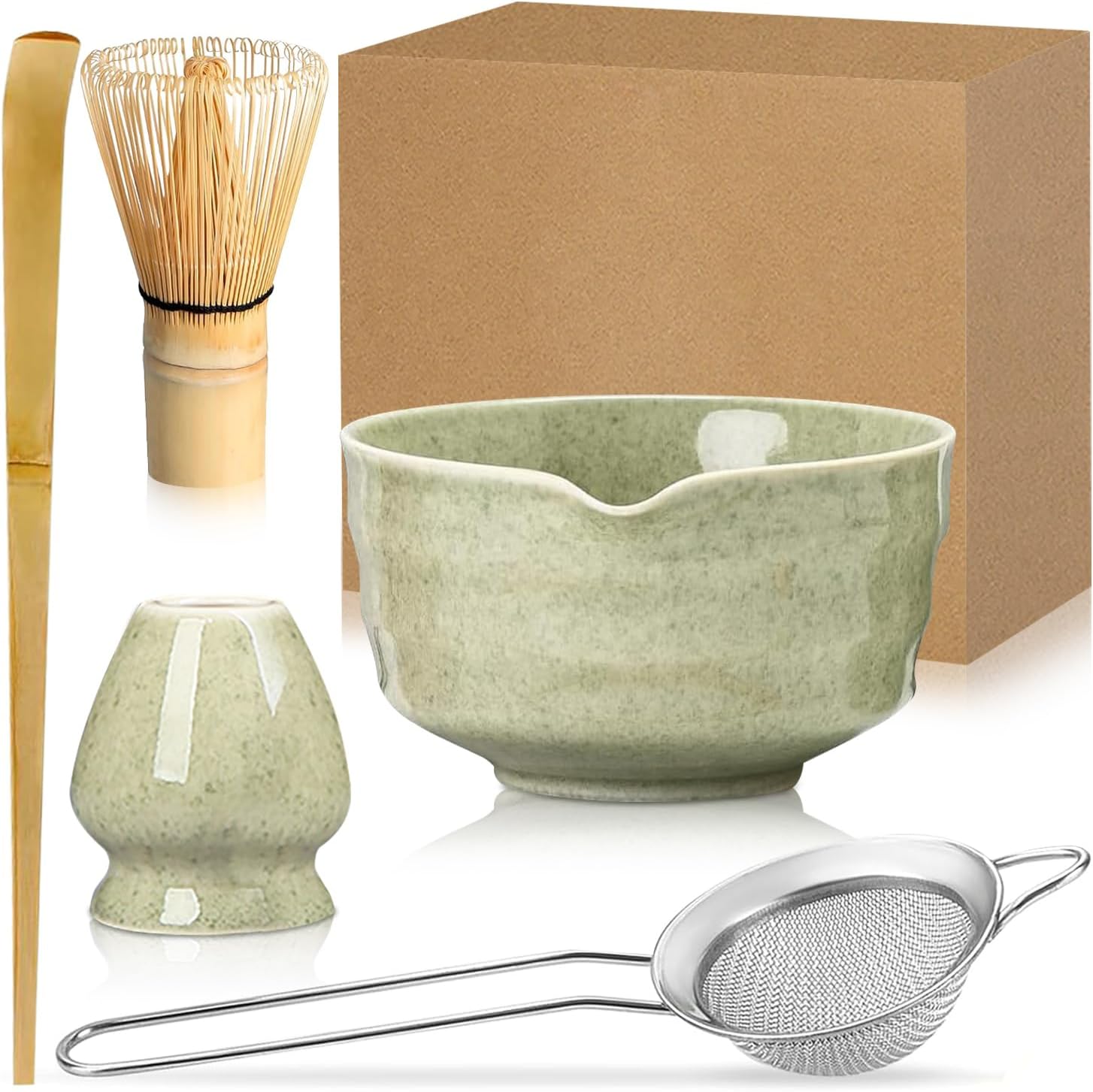 Matcha Whisk Set of 5 with Matcha Bowl, Matcha Whisk Holder, Matcha Spoon and Matcha Sieve, Matcha Tea Ceremony Starter Kit (Matcha Green)