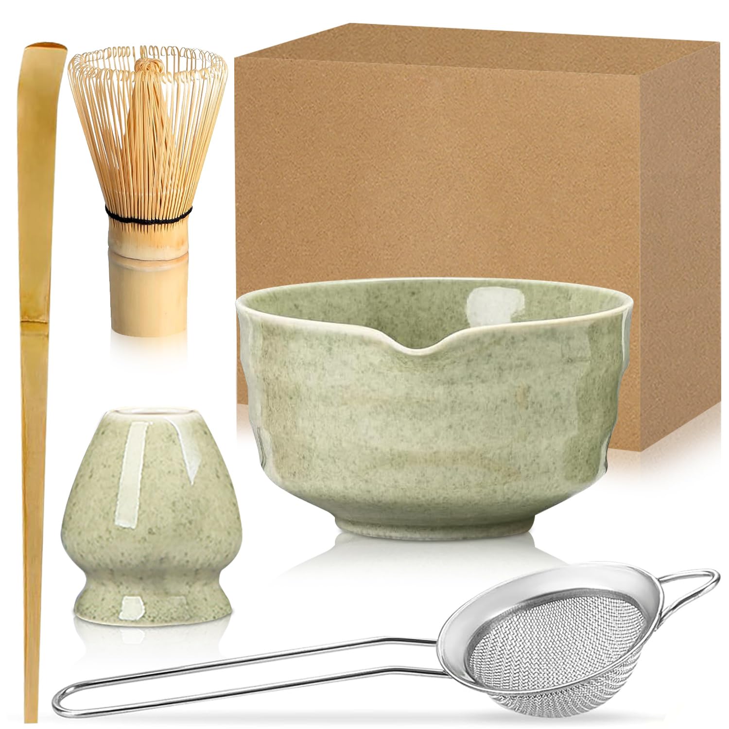 Exquilnova 5PCS Matcha Whisk Set with Matcha Bowl Matcha Whisk Holder Matcha Wisk Matcha Spoon and Matcha Sieve