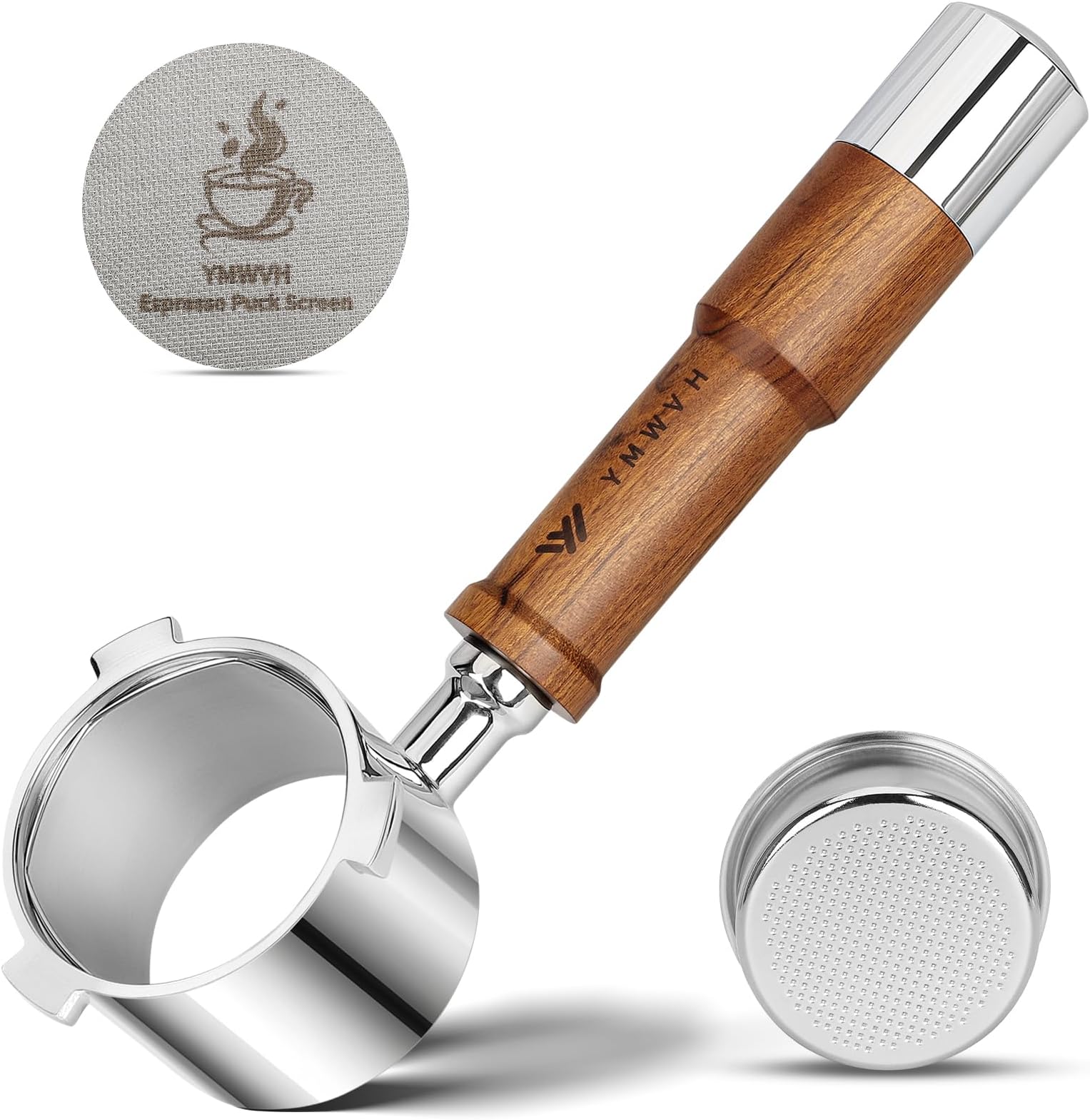 51mm Bottomless Portafilter 3 Ears for De'Longhi La Specialista Coffee Espresso Machine EC9335 9155 9355 9665,100% Stainless Steel Filter Basket with Puck Screen and Walnut Handle