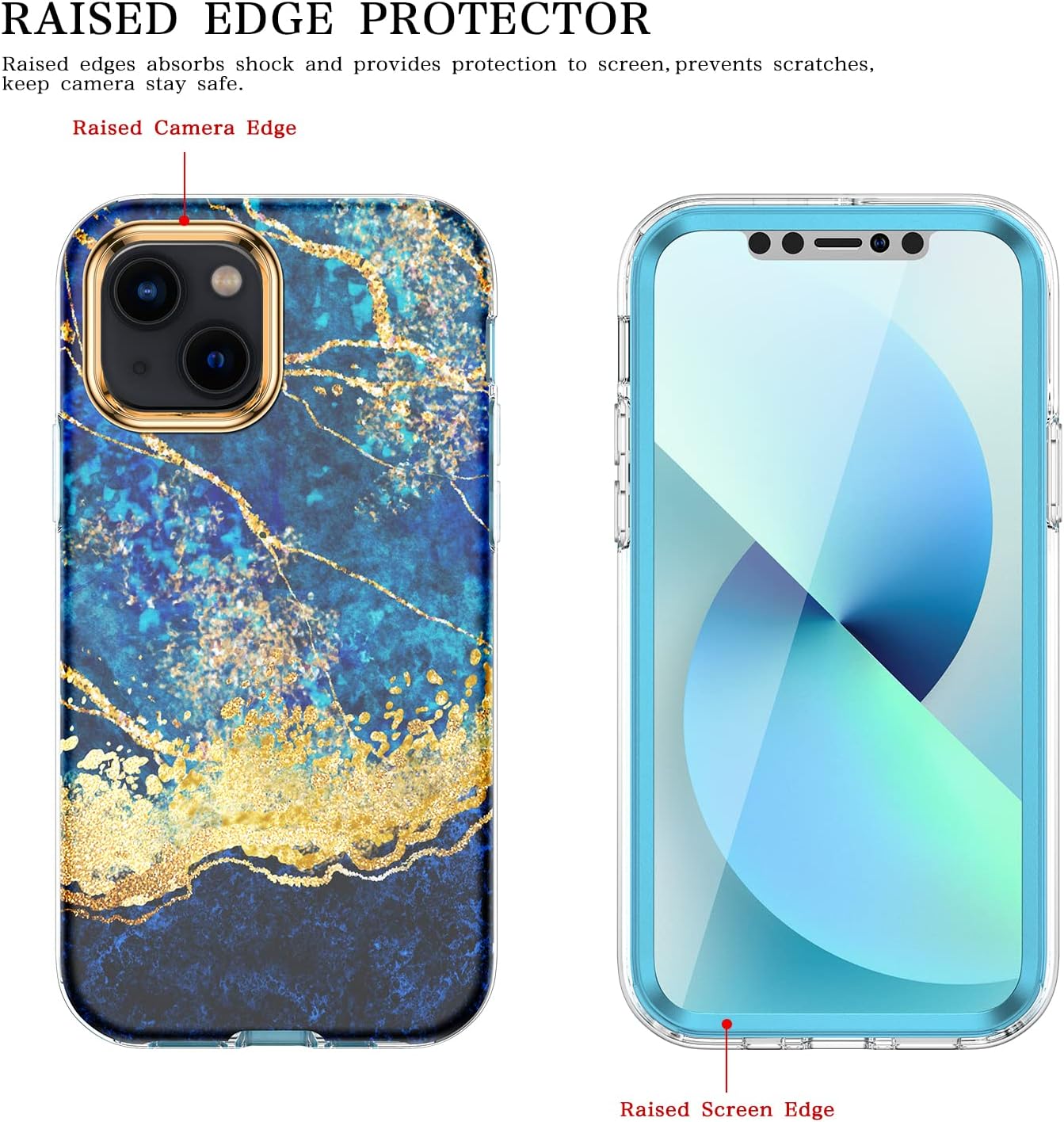 Happypapa Stylish Bumper Case for iPhone 13 Case Cover for Women Girls with Built-in Screen Protector Slim Full Body Shockproof Heavy Drop Protection, Blue Marble
