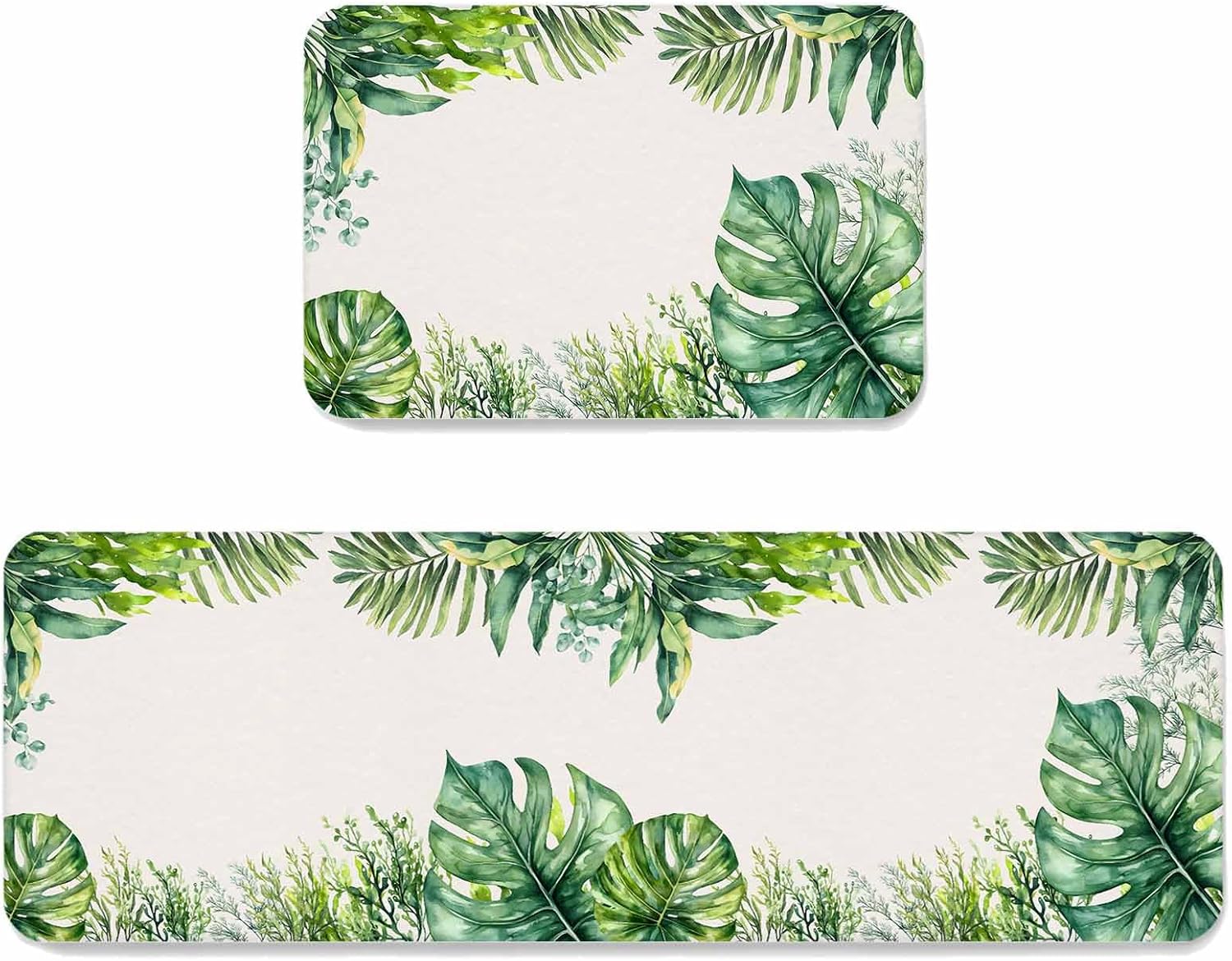 Prime Leader Tropical Leaf Kitchen Mat Set 2 Pieces Palms Monstera Leaves Green Plant Botanical Non Slip Kitchen Rugs Washable Runner Rug Mats for Sink Laundry (23.6" x 35.4"+23.6" x 70.9")