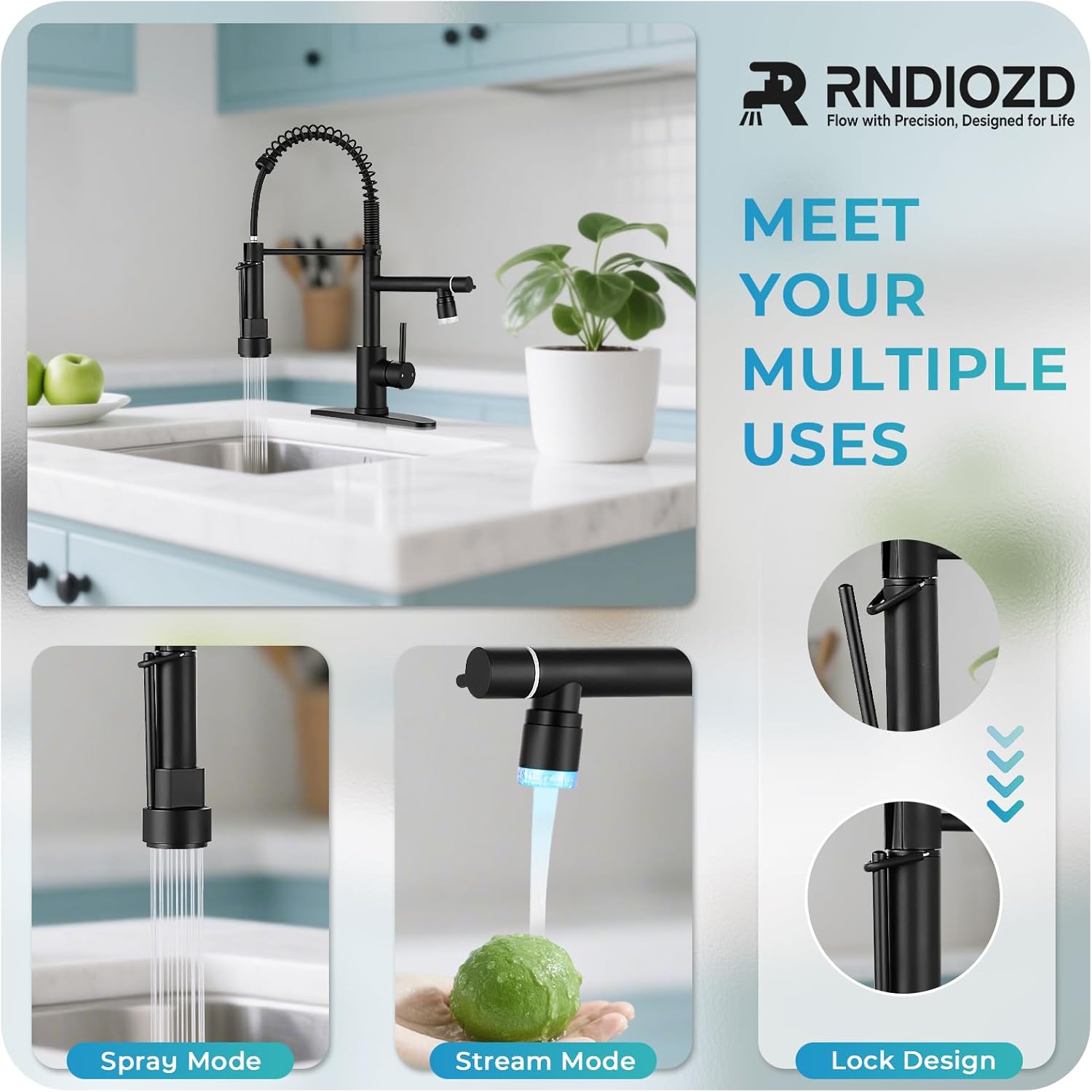 LED Kitchen Faucet with Pull Down Sprayer - Matte Black Single Handle Commercial Kitchen Faucets, 2-Spout Kitchen Sink Faucet, Stainless Steel Spring Pull Out Sink Faucet 1/3 Hole