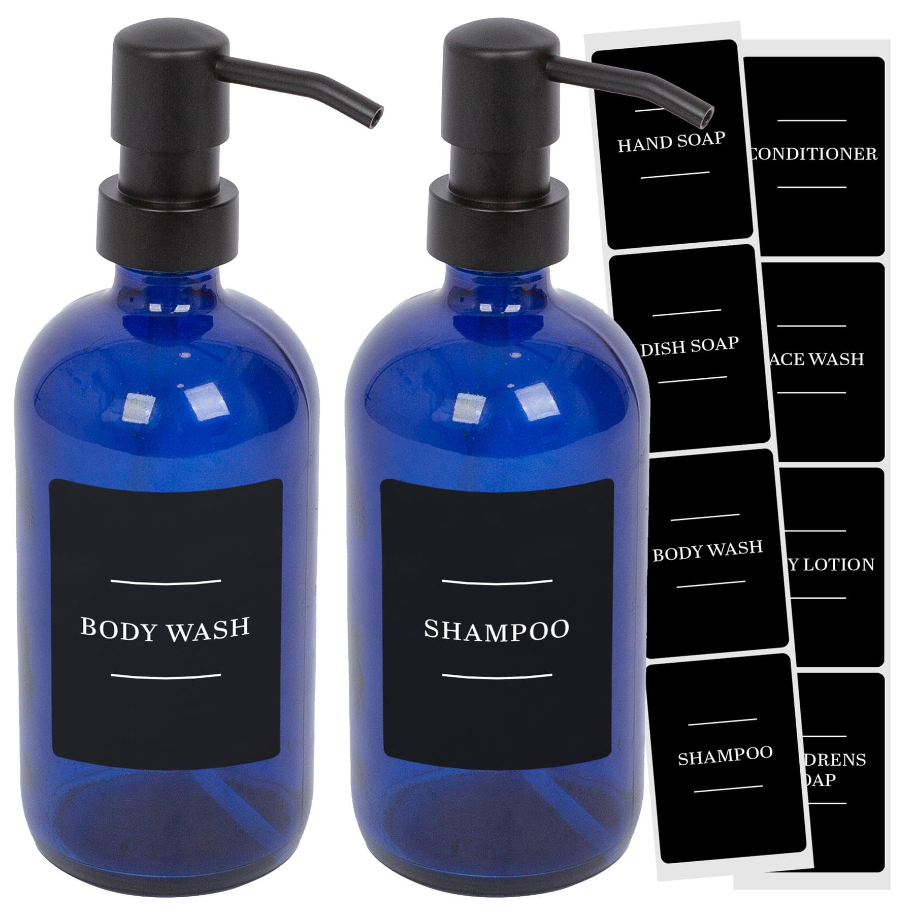 Harbour Housewares Glass Soap Dispensers with Labels Pack of 2-500ml Blue Refillable Bottles with Pumps and Black Labels - Bathroom and Kitchen Accessories for Hand Wash, Lotion or Sanitiser