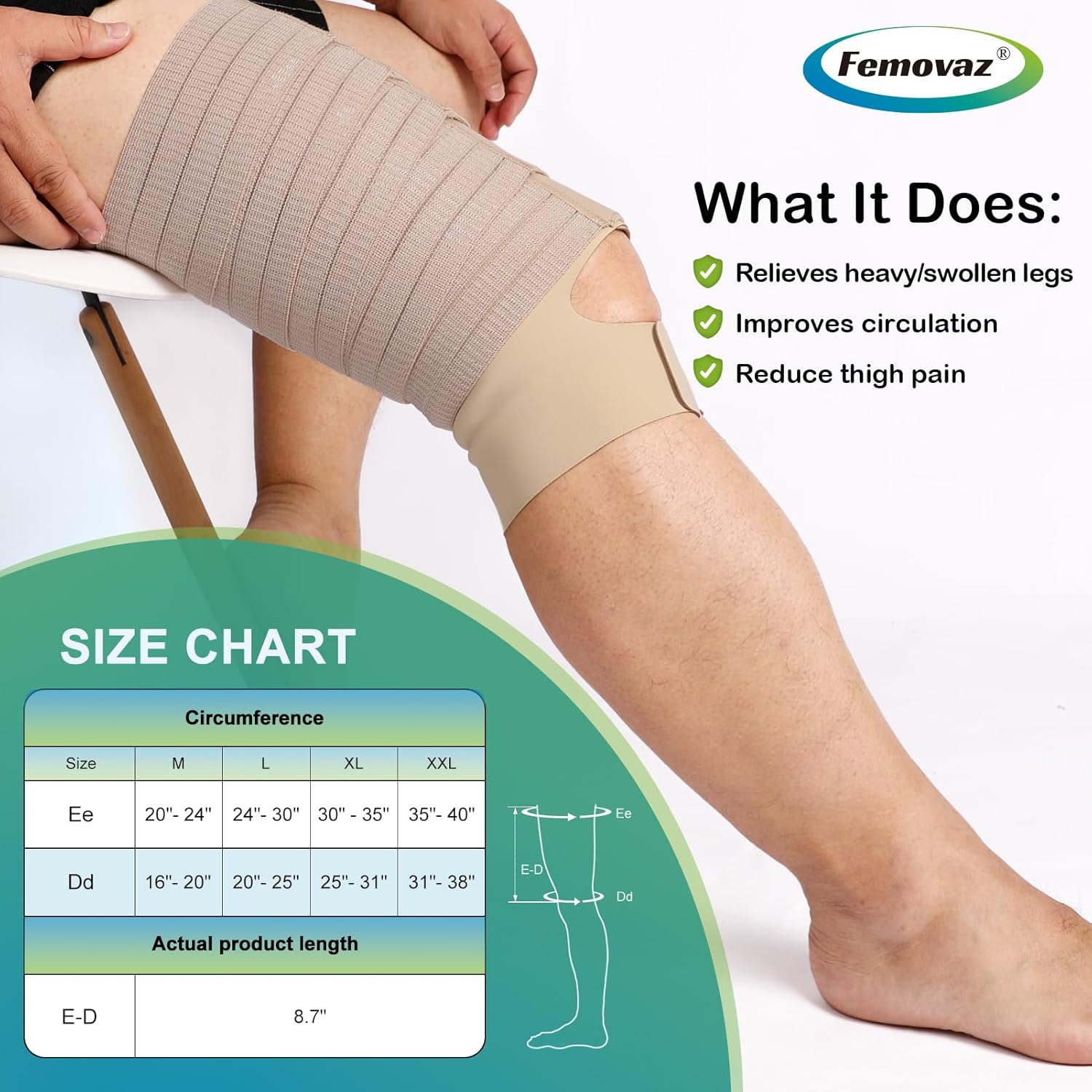 Femovaz® 1PC Thigh Compression Wrap + Compression Knee Kit | Relieves Swelling, Edema, Lipedema | Breathable | Anti-Slip | All-Day Comfort,L - Image 5