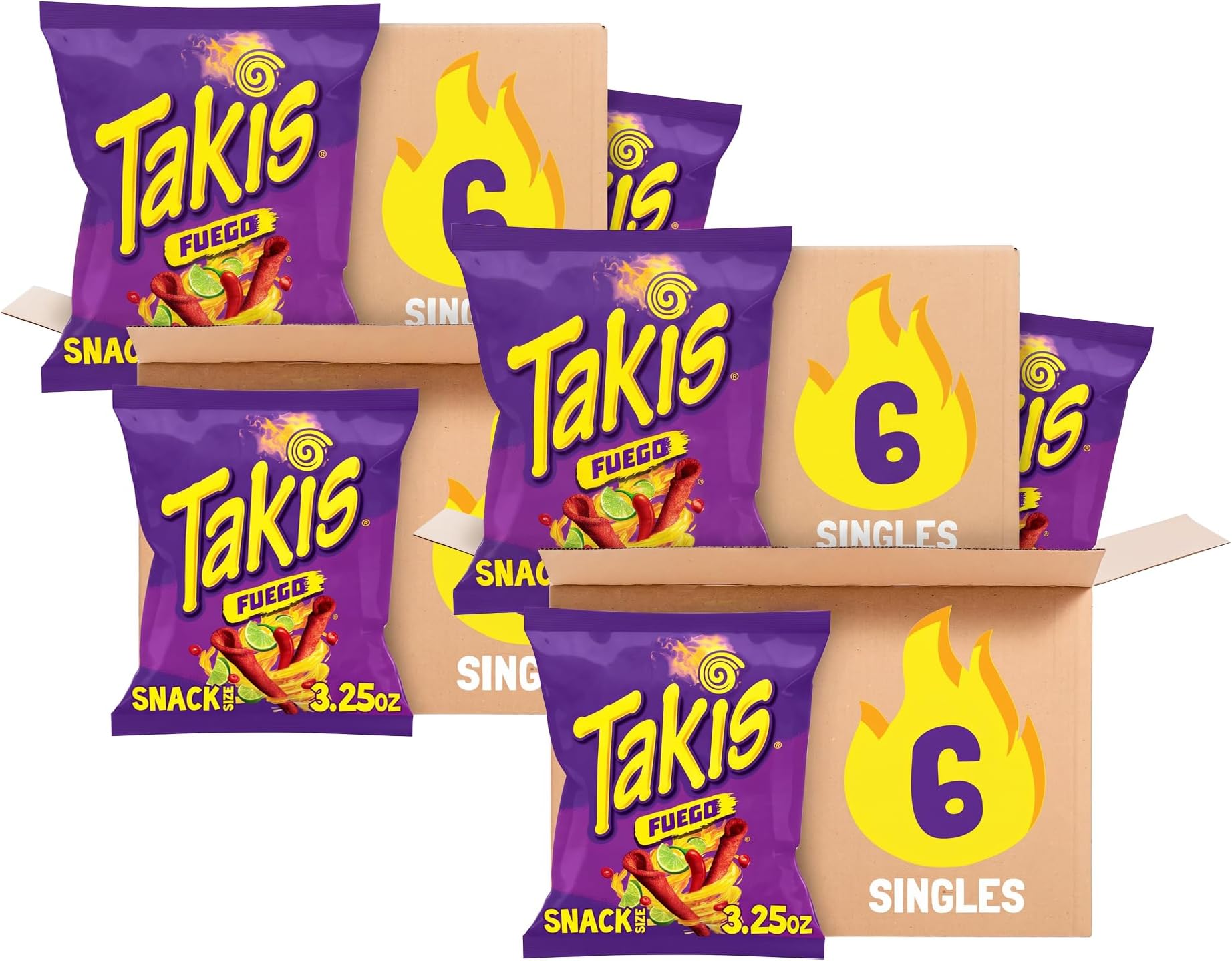 Takis Fuego 6 pc / 3.25 oz Snack Size Case, Hot Chili Pepper & Lime Flavored Extreme Spicy Rolled Tortilla Chips (Pack of 2)