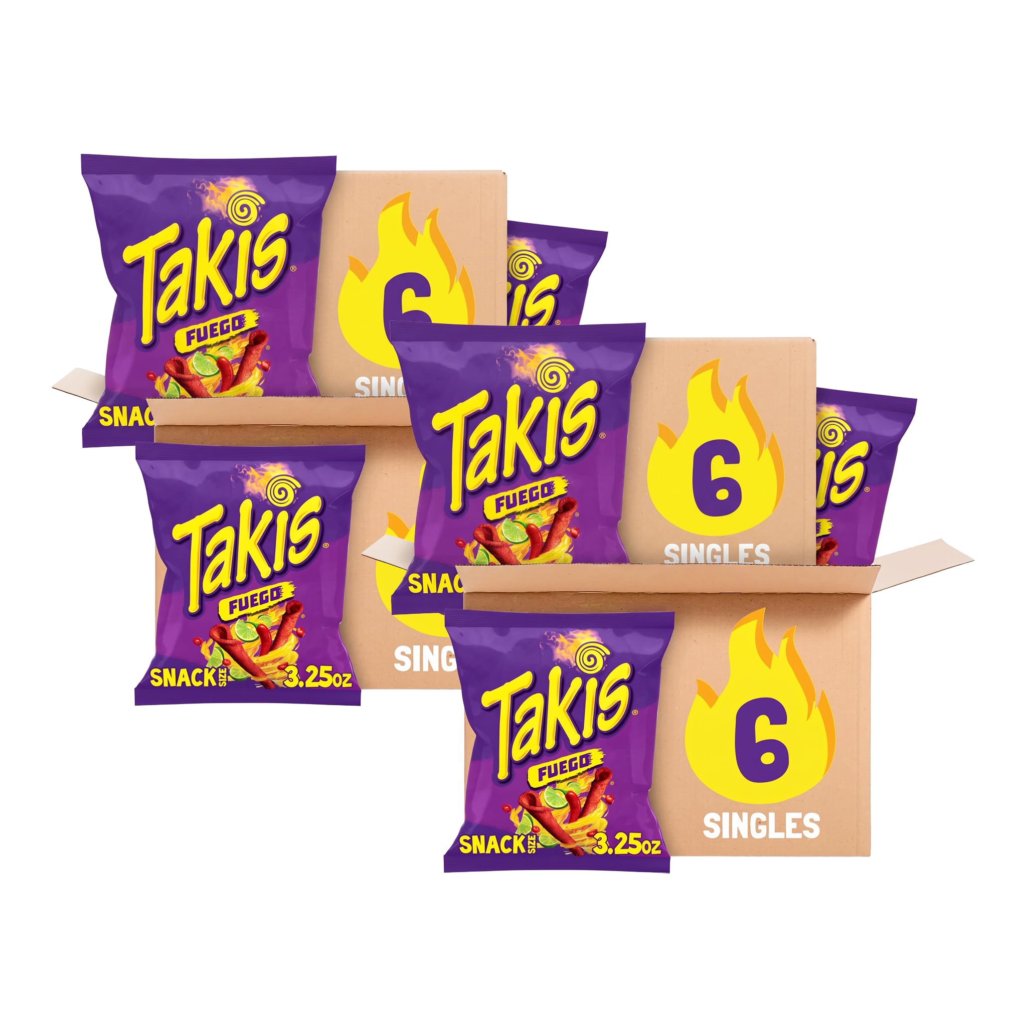 Takis Fuego 6 pc / 3.25 oz Snack Size Case, Hot Chili Pepper & Lime Flavored Extreme Spicy Rolled Tortilla Chips (Pack of 2)