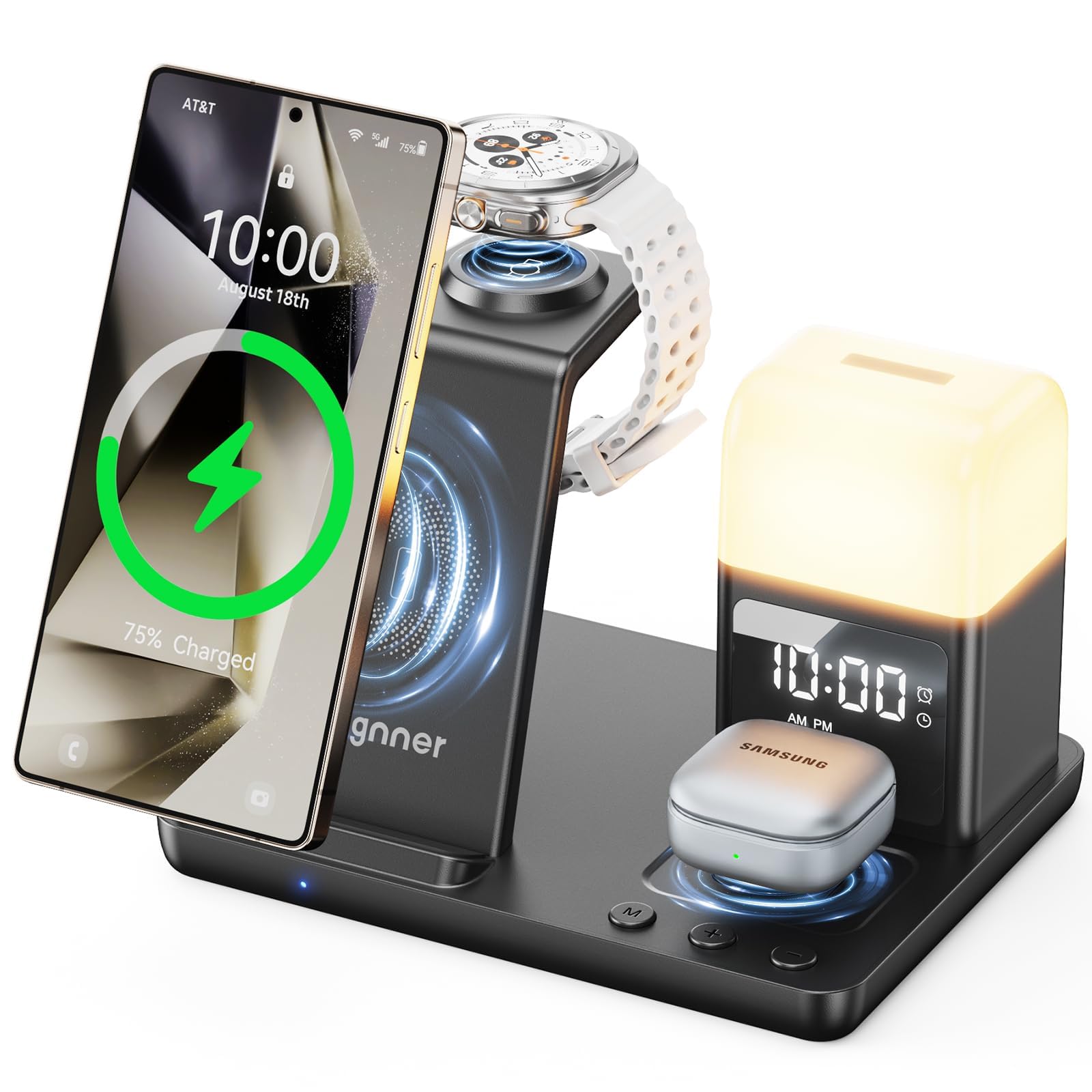Bezprzewodowa ładowarka do Samsung, 6 w 1, indukcyjna stacja ładująca z lampką nocną i budzikiem, kompatybilna z Galaxy Watch Ultra/6/5/4, Samsung Galaxy S25, S24, S23, S22, Ultra S21, Flip6, Fold6