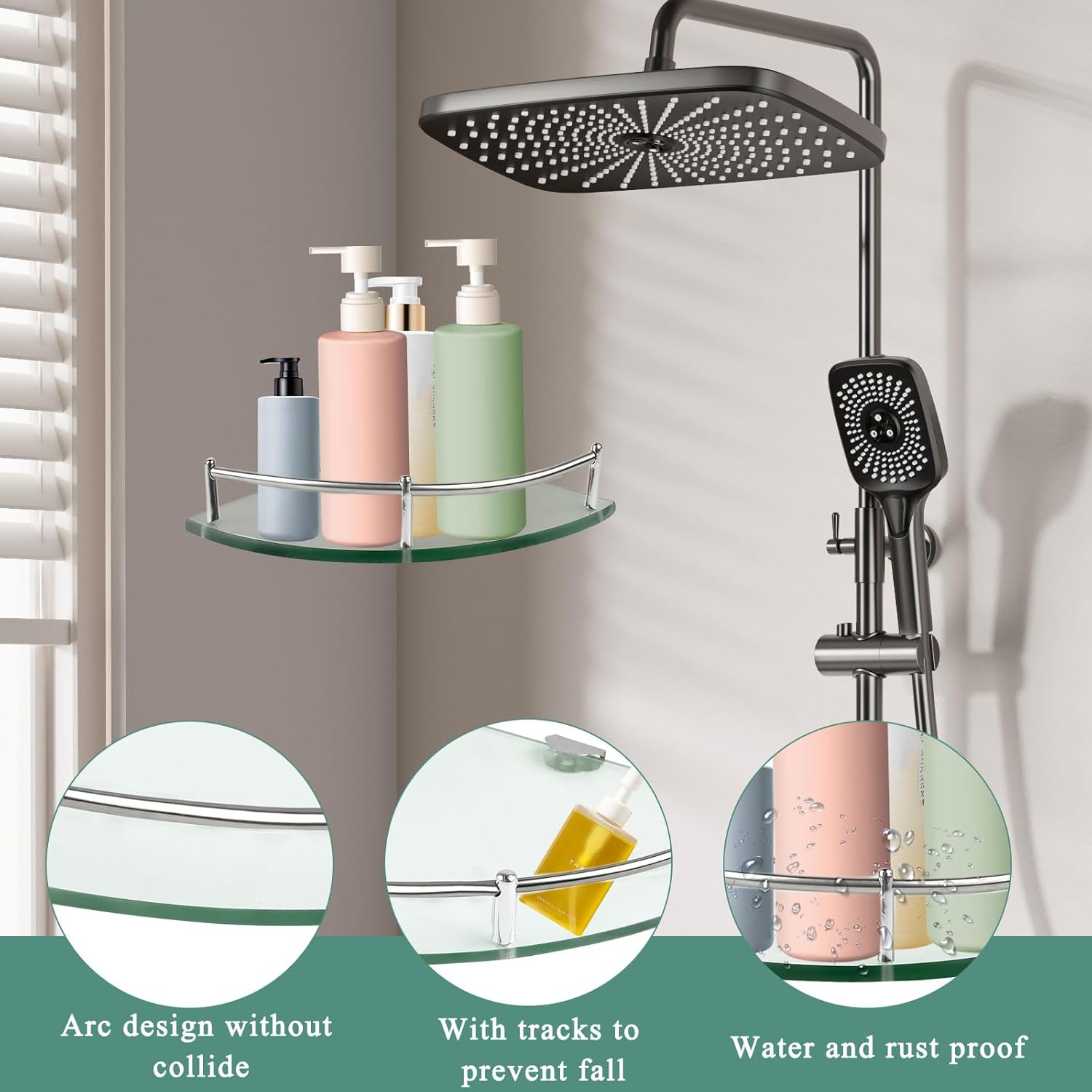 2 Pack Glass Corner Shelf, Corner Shower Shelf with Stainless Steel Rails, Tempered Glass Shower Caddy, Wall Mounted Glass Shelf for Bathroom Organization, 9.25x9.25x0.24 in, Silver